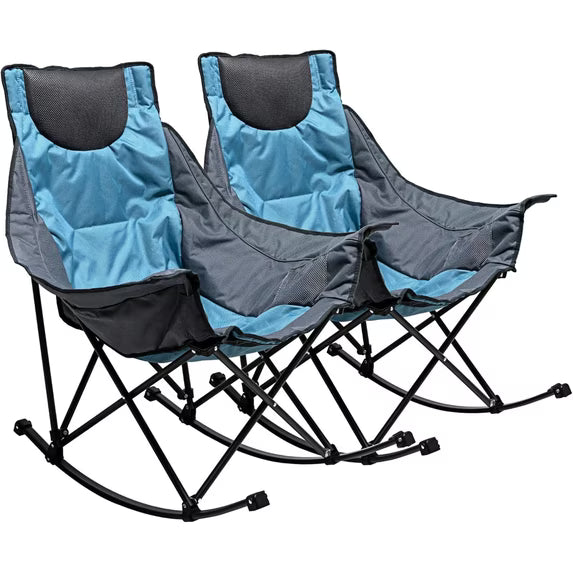 Sunnyfeel 2pk Heavy Duty Oversized Rocking Camping Chair, Foldable Portable Lawn Rocker with Side Pocket & Carry Bag for Outdoor, Picnic, Patio & Backyard, Blue