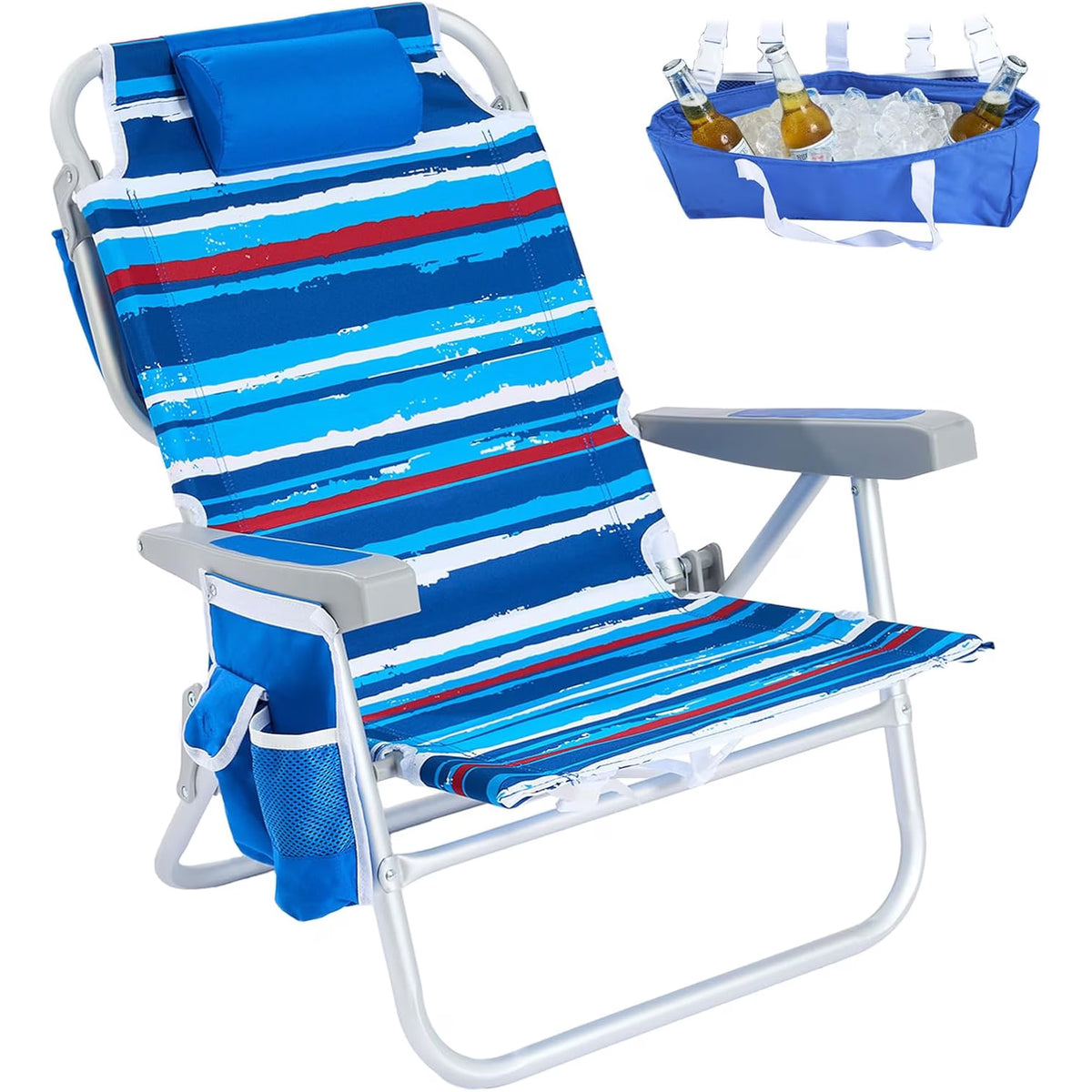 Sunnyfeel Low Beach Chair 5 Position Lay Flat, Portable Lightweight Folding Backpack Chair with Cooler Bag, Blue Stripes