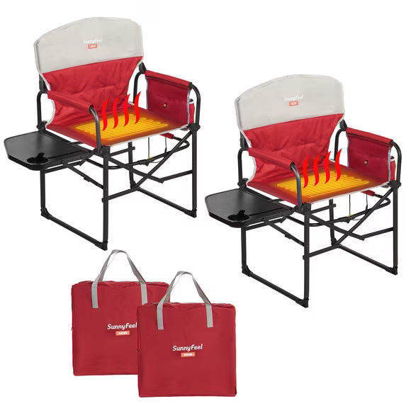 Sunnyfeel Heated Director's Chair, 3 Heat Levels, Dual-Zone Heat, Side Table, 300 lbs, 2 Pack Red