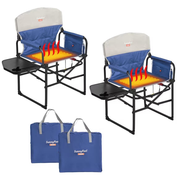 Sunnyfeel Heated Director's Chair, 3 Heat Levels, Dual-Zone Heat, Side Table, 300 lb, 2 Pack Blue