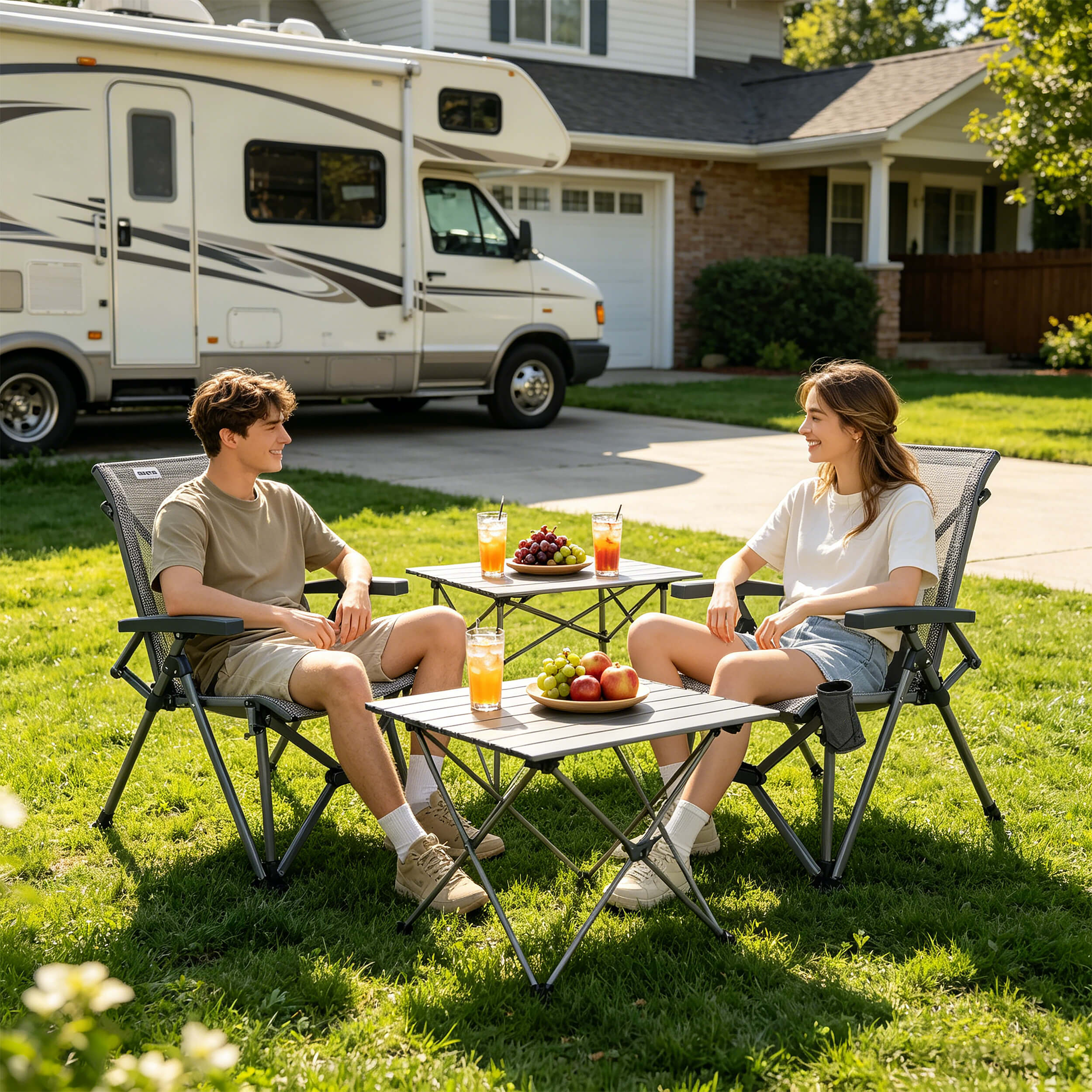 Two people sitting outdoors with a camper van in the background