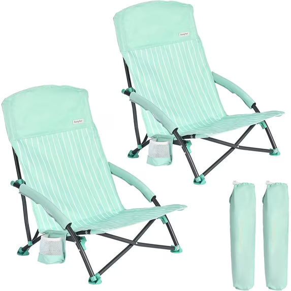 Sunnyfeel Folding Low Beach Chair, Breathable Mesh Lawn Chair with Detachable Cup Holder & Padded Armrests for Beach Camping Patio, 2 Pack, Mint Green