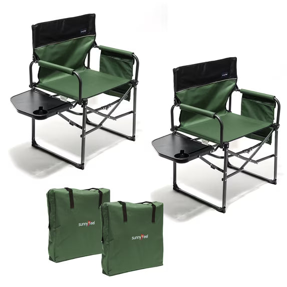 Sunnyfeel 2 Pack Folding Camping Chair with Side Table, Cup Holder, 300 lb Capacity, Mesh, Green