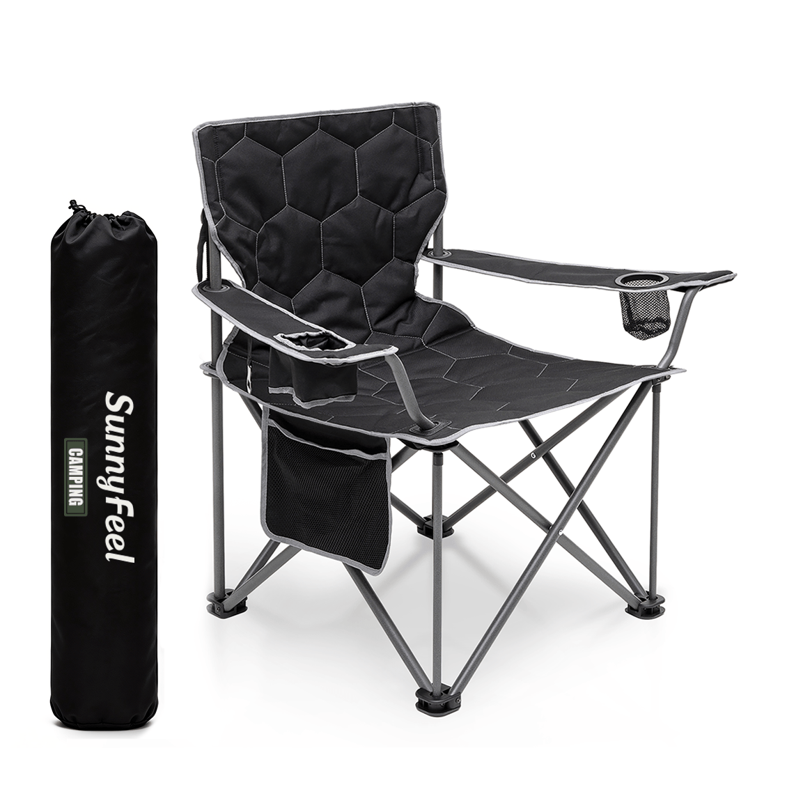 Black folding chair with quilted backrest and SunnyFeel branded carrying bag on a white background
