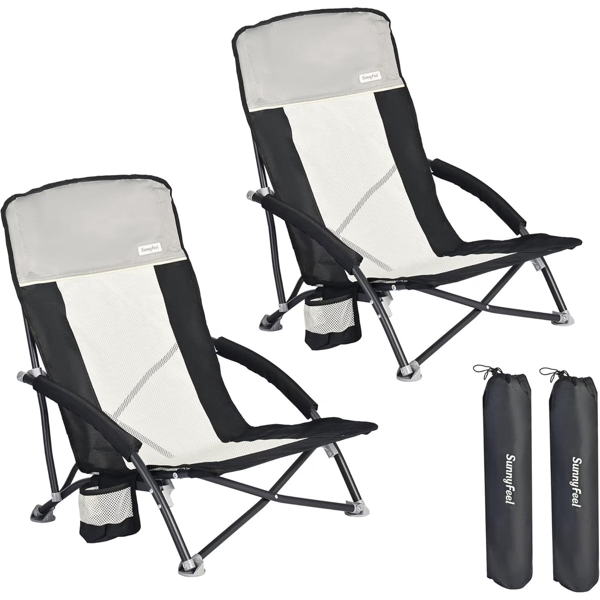 Sunnyfeel Folding Low Beach Chair, Breathable Mesh Lawn Chair with Detachable Cup Holder & Padded Armrests for Beach Camping Patio, 2 Pack, Black