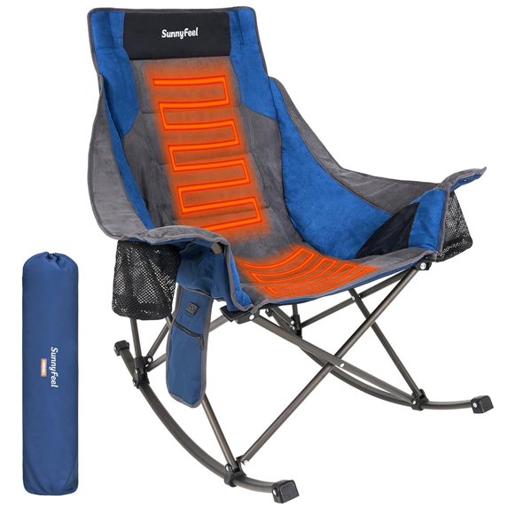 Sunnyfeel Oversized Heated Rocking Camping Chair, High Back Portable Lawn Recliner with Carry Bag, Outdoor Rocker Chair for Adults Heavy Duty 500 LBS