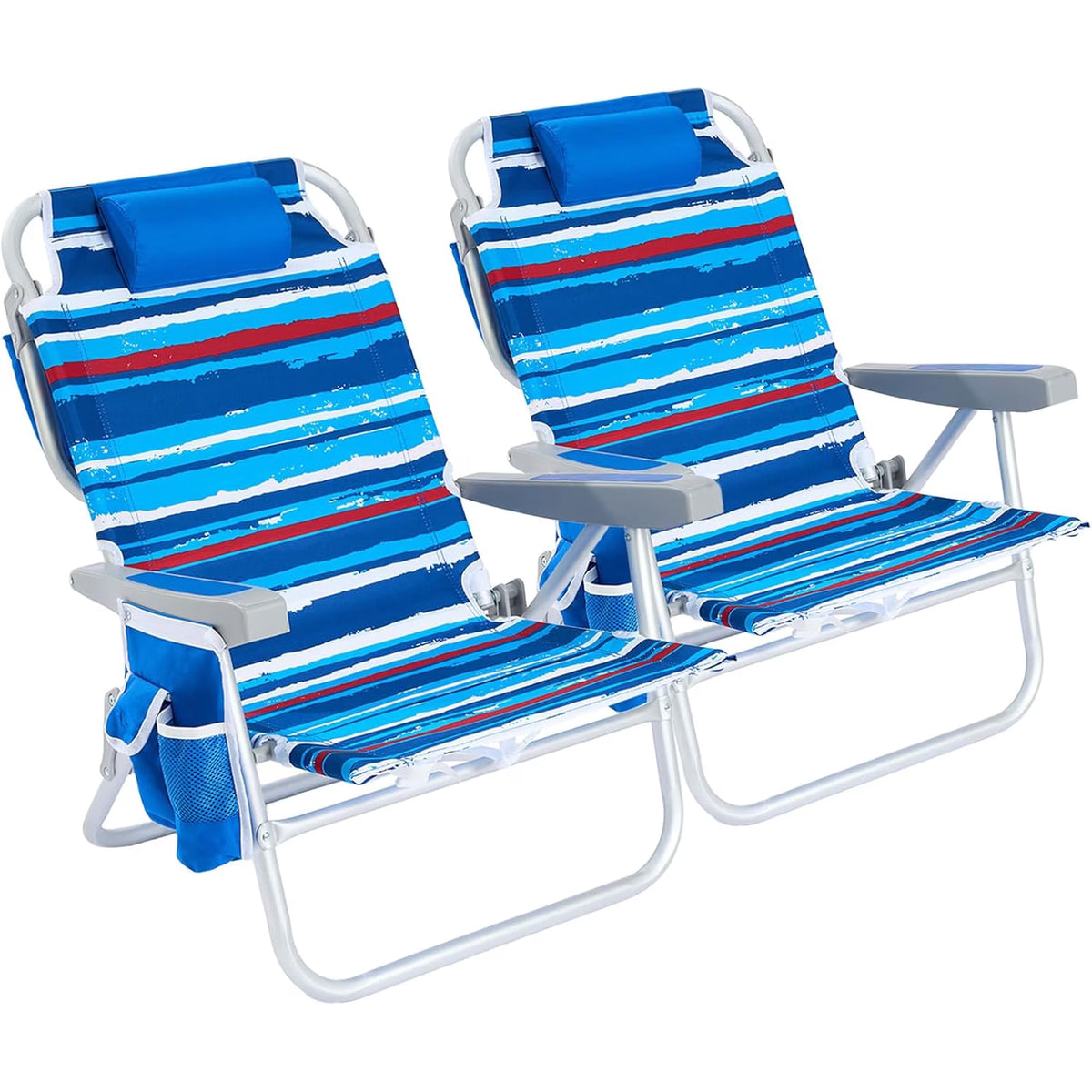 Sunnyfeel 2pk Low Beach Chair 5 Position Lay Flat, Portable Lightweight Folding Backpack Chair with Cooler Bag, Blue Stripes