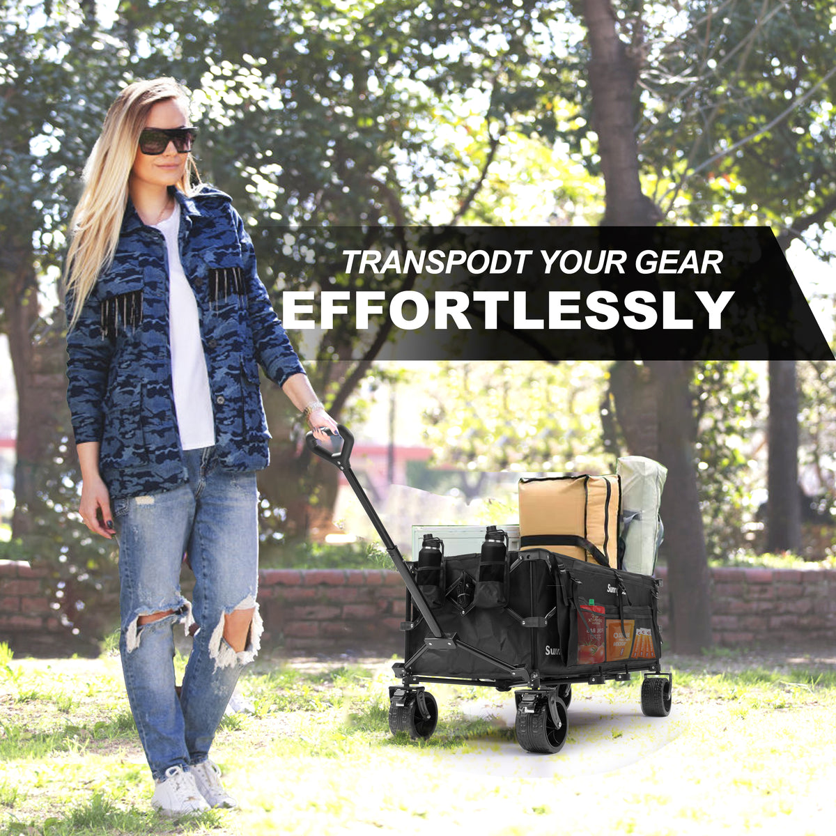 SUNNYFEEL 49" Extra-Long Collapsible Wagon – 550LB Heavy-Duty Folding Cart with Big Wheels