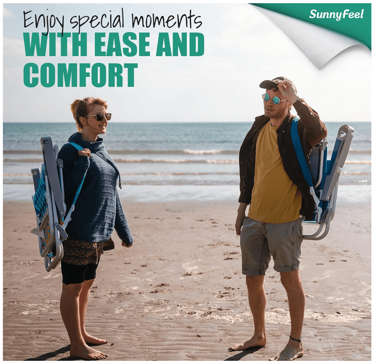 Two people on a beach with chairs and 'SunnyFeel' branding.