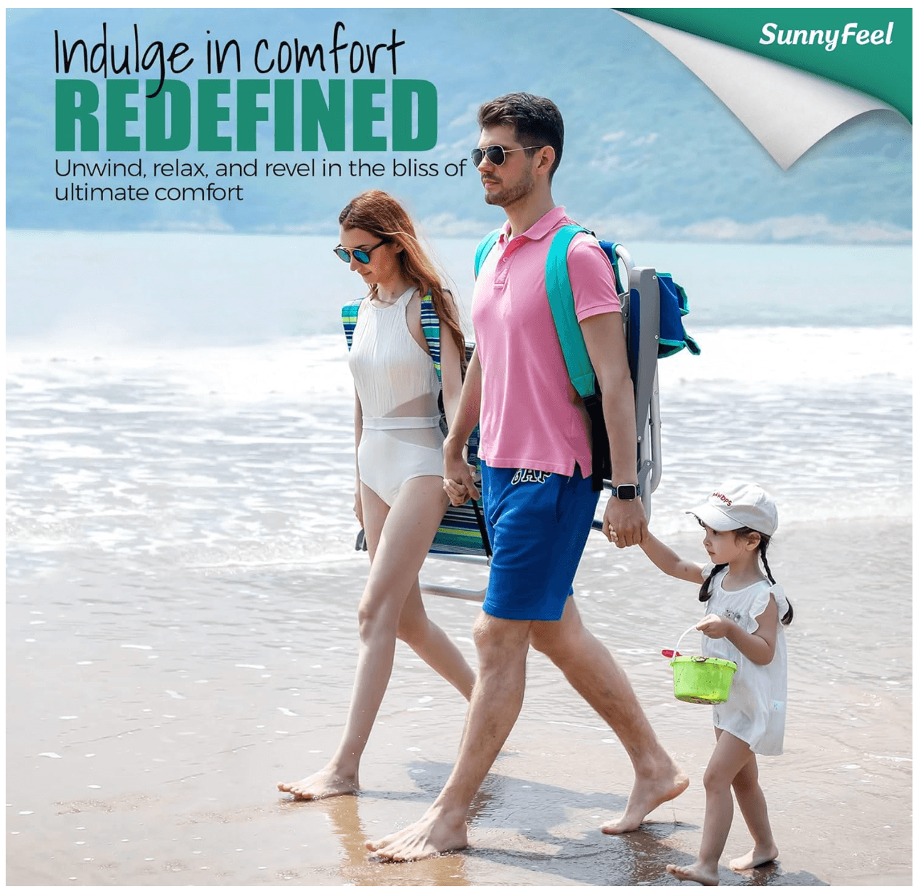 Family walking on a beach with promotional text for 'SunnyFeel'.