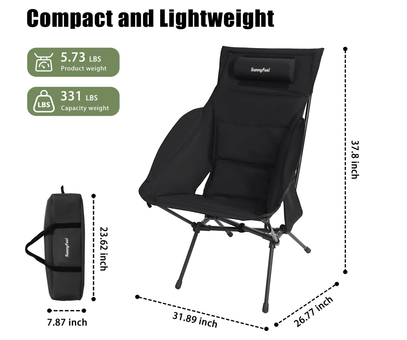 Black camping chair with dimensions and weight information on a white background