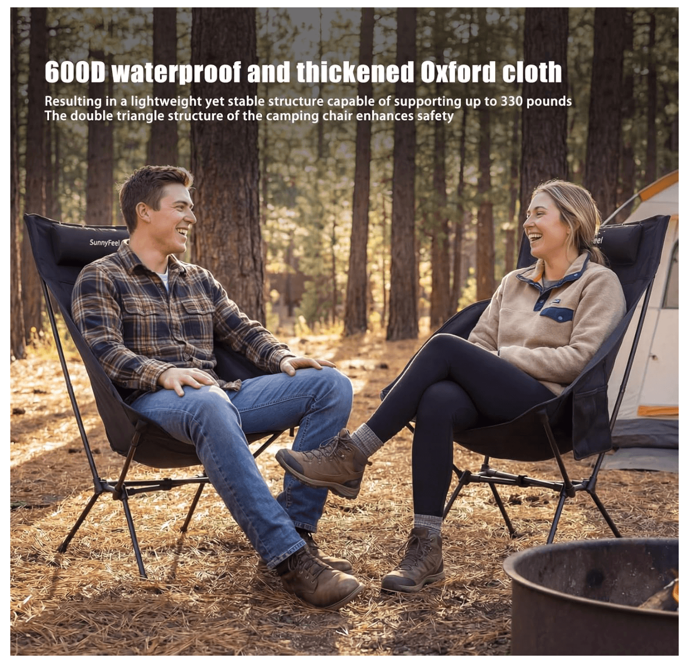 Two people sitting in camping chairs in a forest with text about the chairs' features.