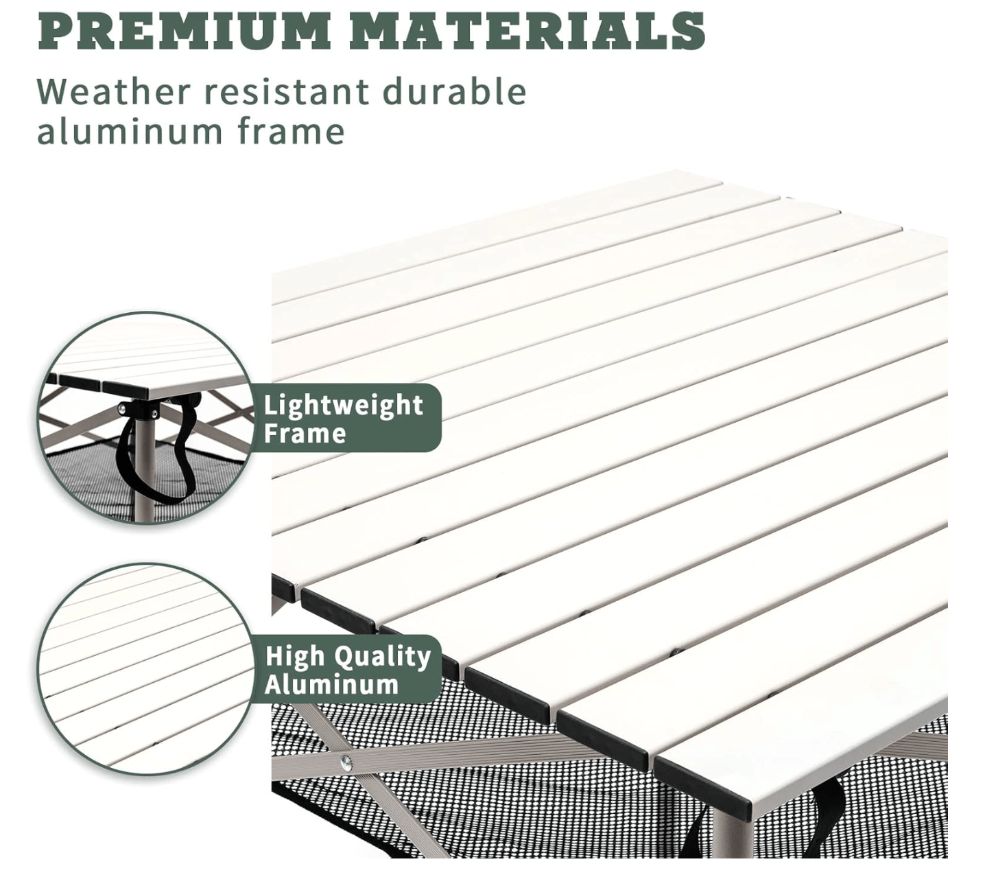 Aluminum frame with text highlighting weather resistance, durability, lightweight frame, and high-quality material.