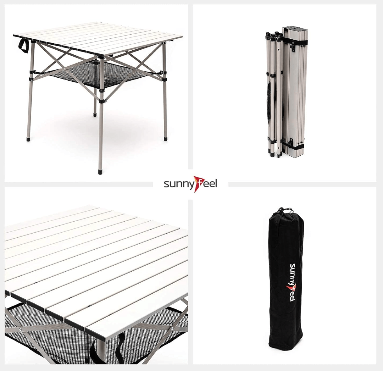 Collapsible camping table with carrying bag on a white background, featuring the Sunnyfeel brand.