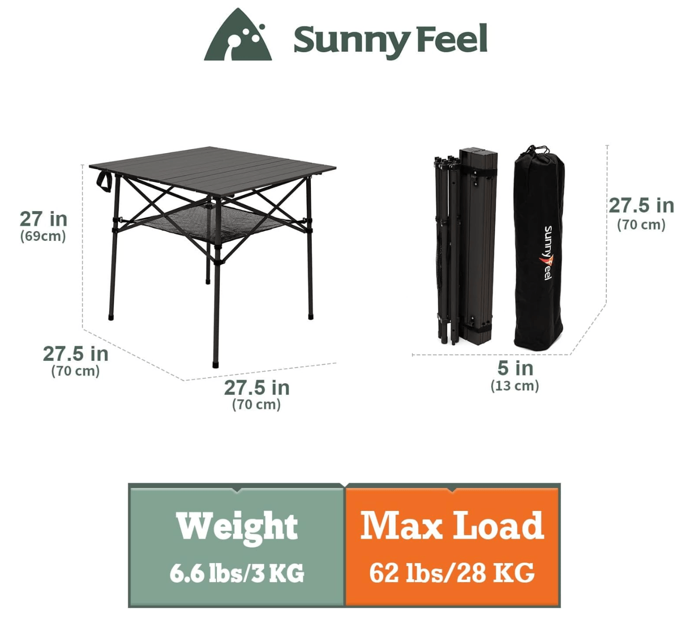 Camping table with dimensions, weight, and max load information on a white background.
