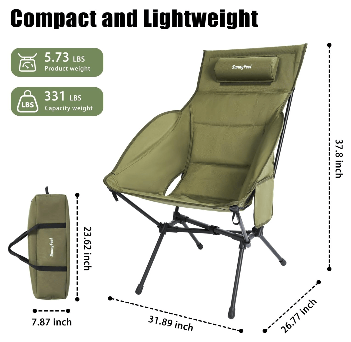 Green camping chair with dimensions and weight information on a white background