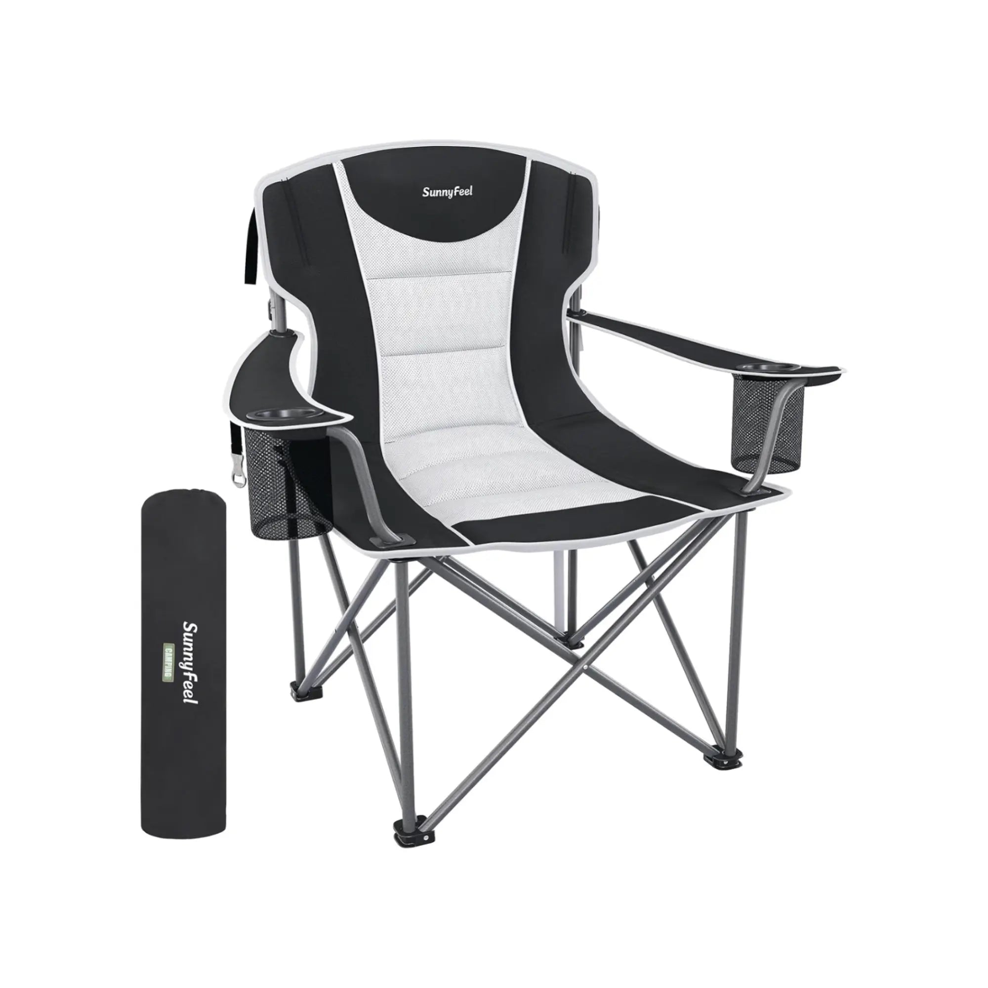 Black and white camping chair with a carrying bag on a white background