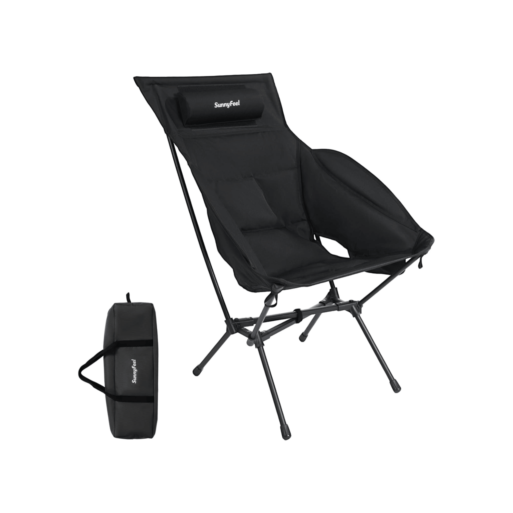 Black camping chair with carrying bag on a white background