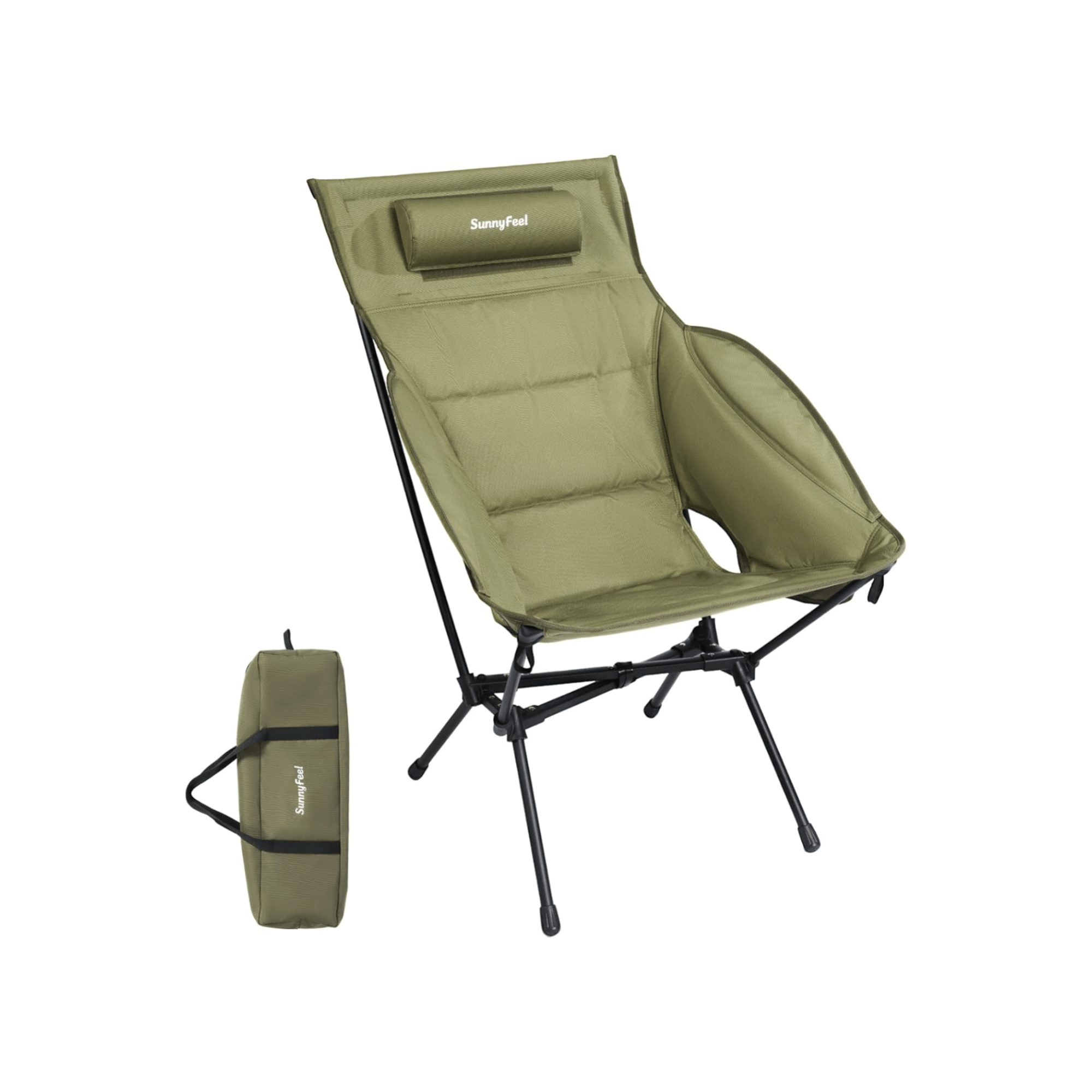 Green camping chair with carrying bag on a white background