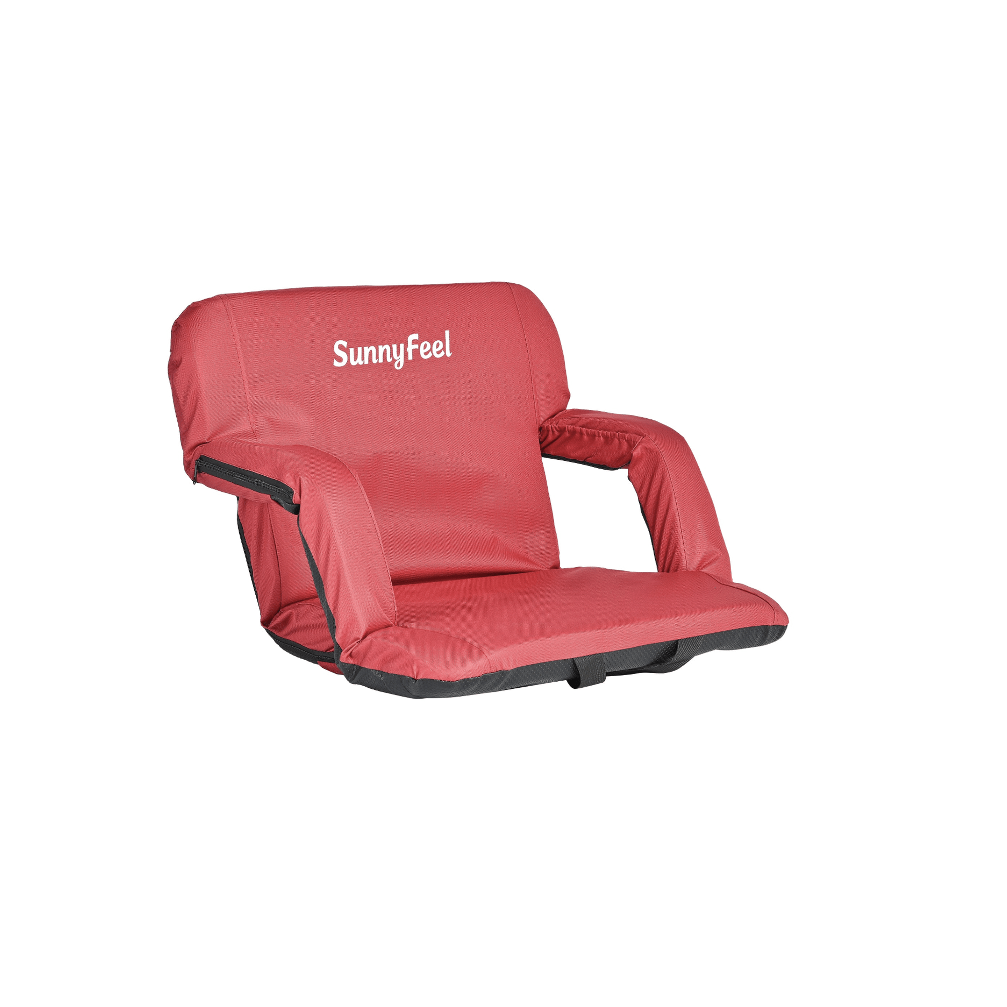 Red folding chair with 'Sunnyfeel' branding on a white background
