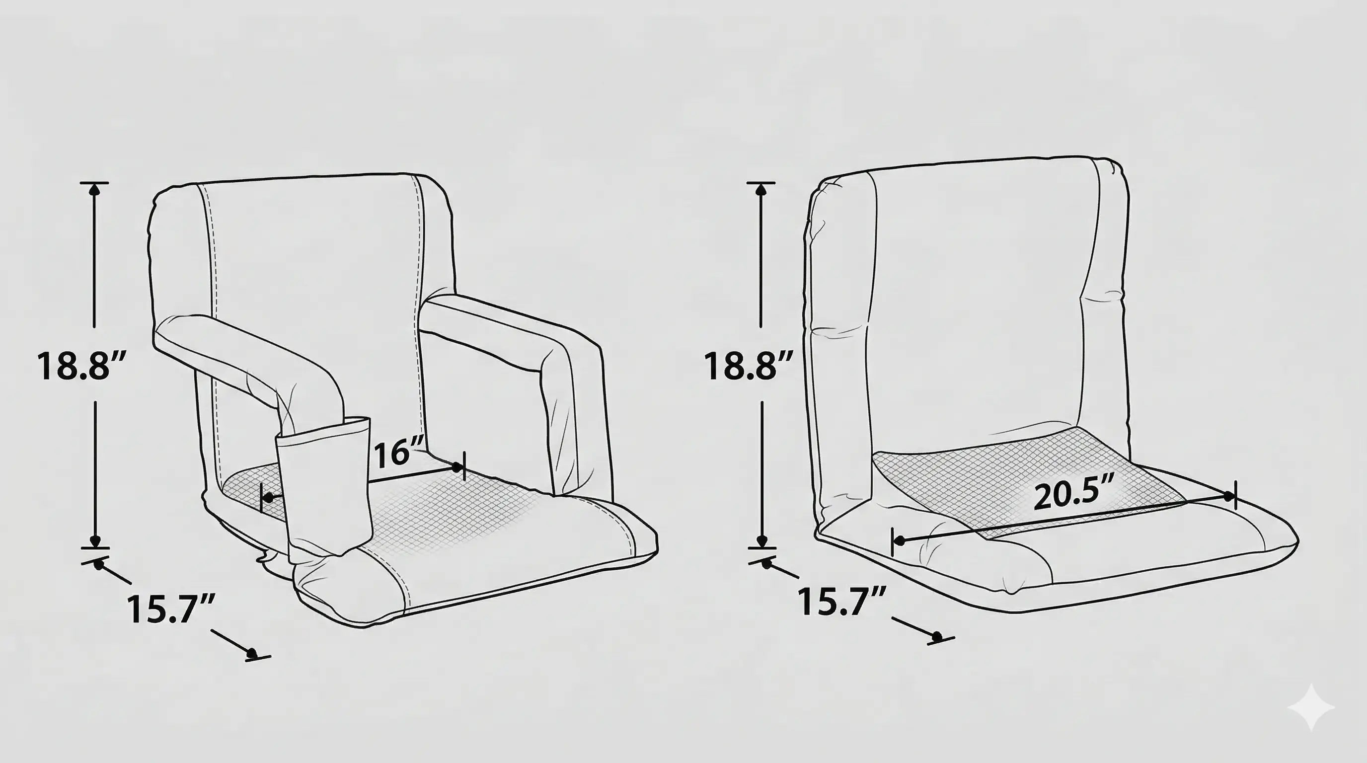 Diagram of a portable seat with dimensions labeled on a light gray background