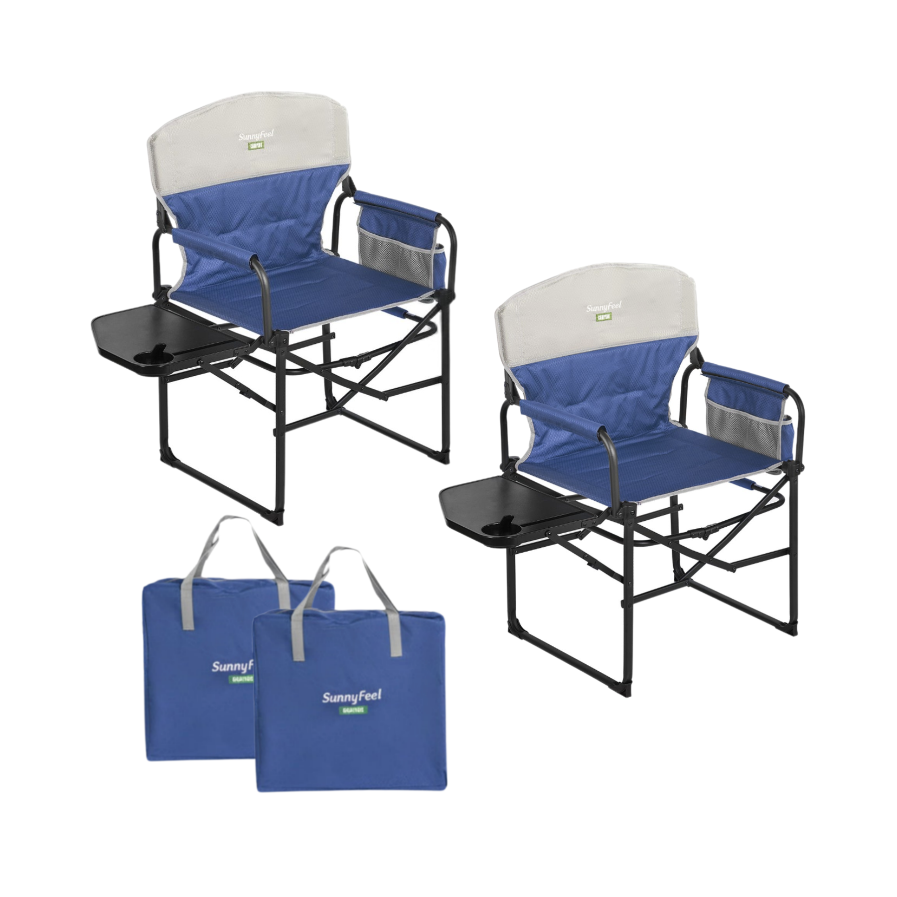 Two blue camping chairs with trays and two blue bags on a white background