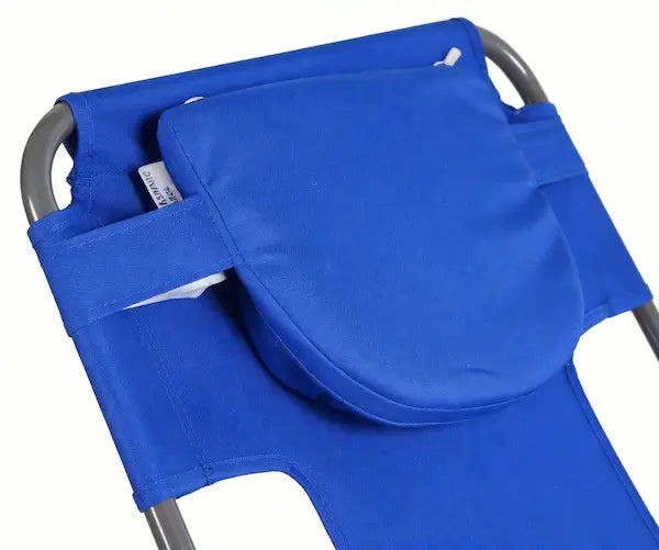 Blue baby stroller with a cushioned seat on a white background