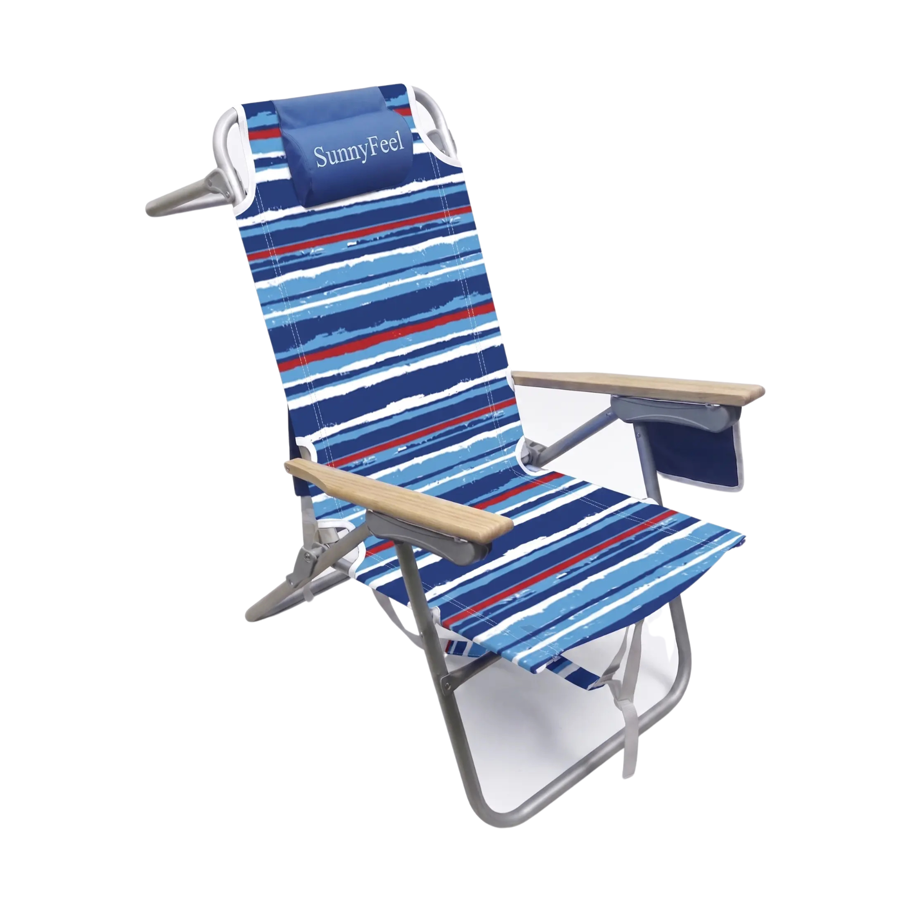Blue and red striped beach chair with armrests on a white background