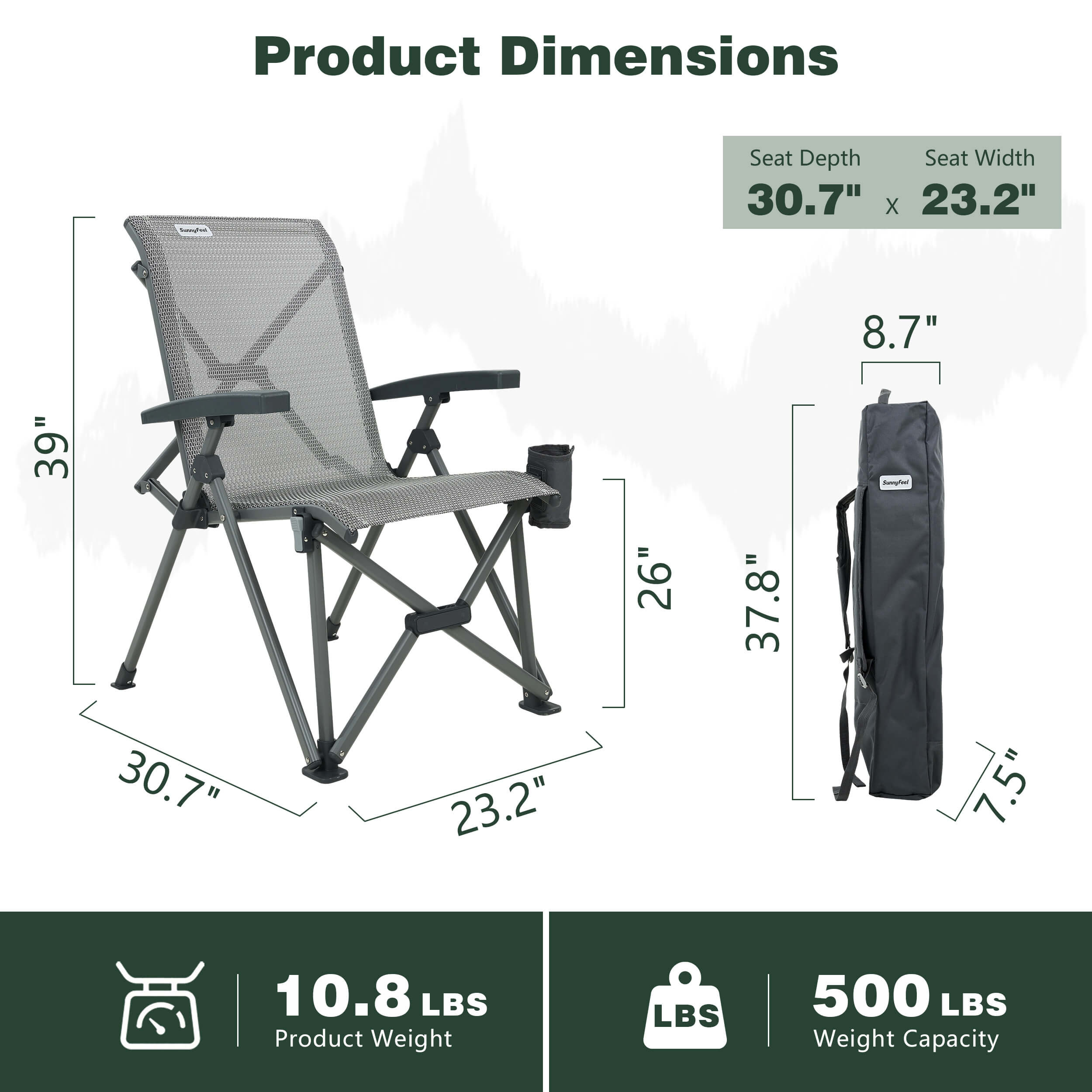 Camping chair with dimensions and weight capacity displayed on a white background