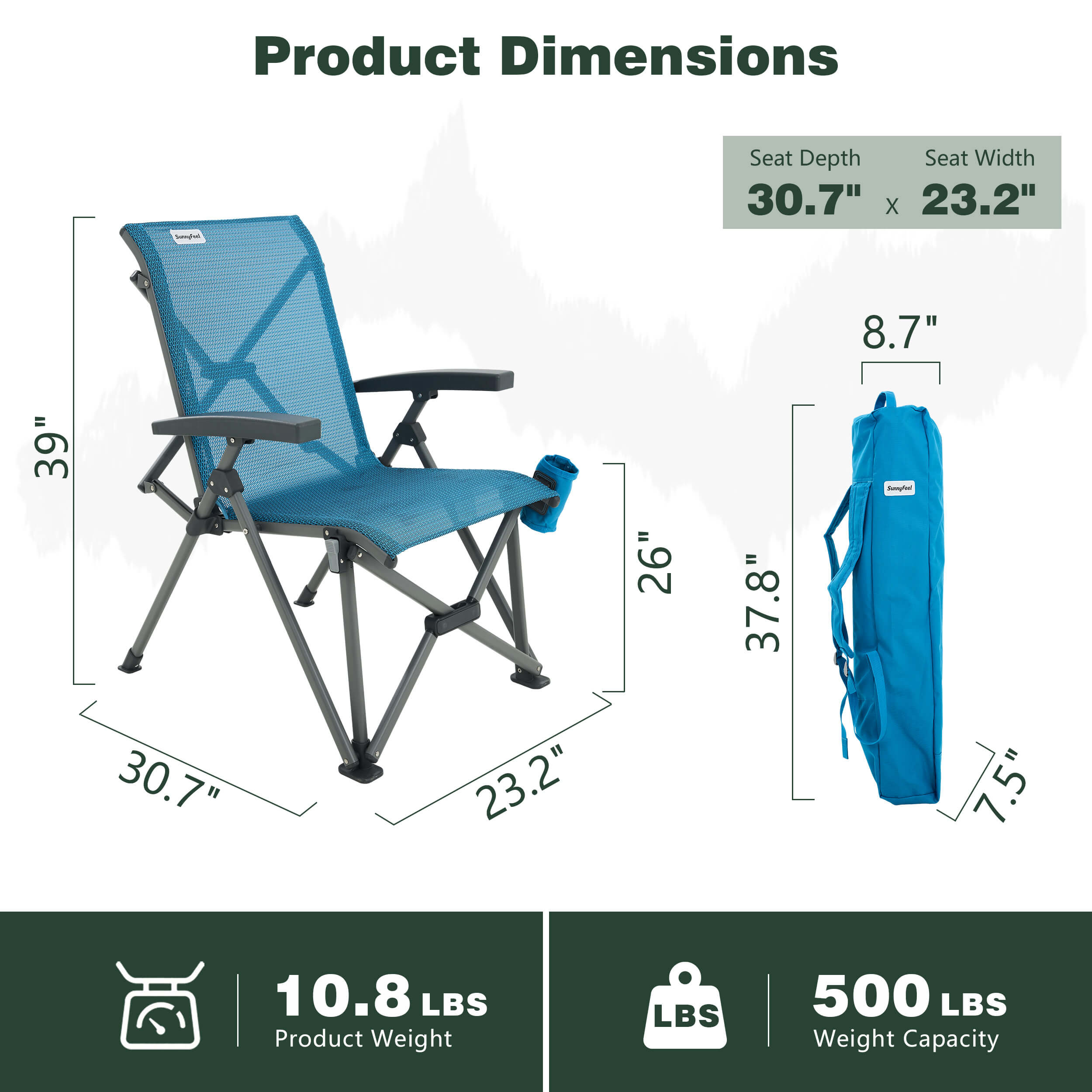 Blue camping chair with dimensions and weight capacity displayed on a white background