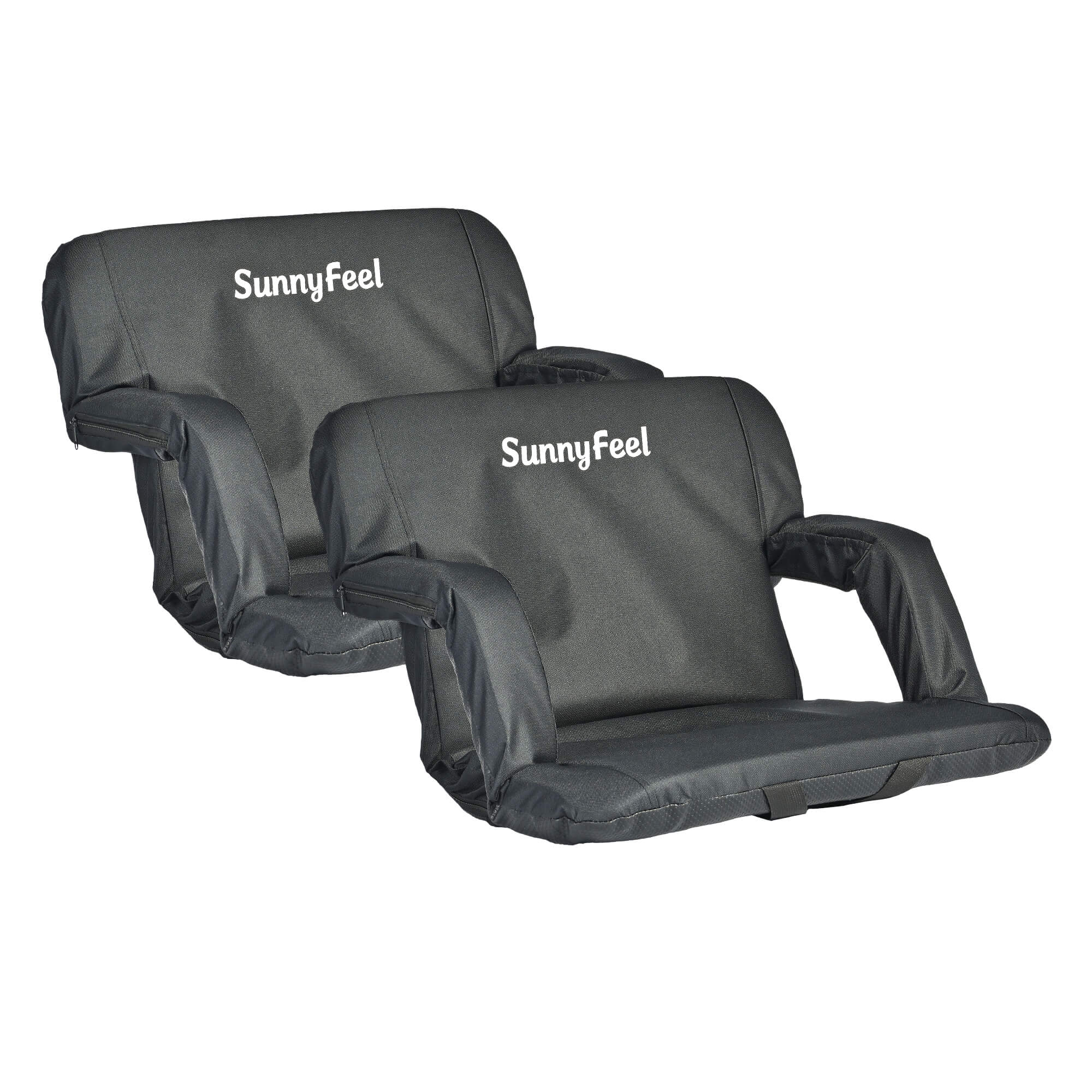 Two black folding seats with 'SunnyFeel' branding on a white background