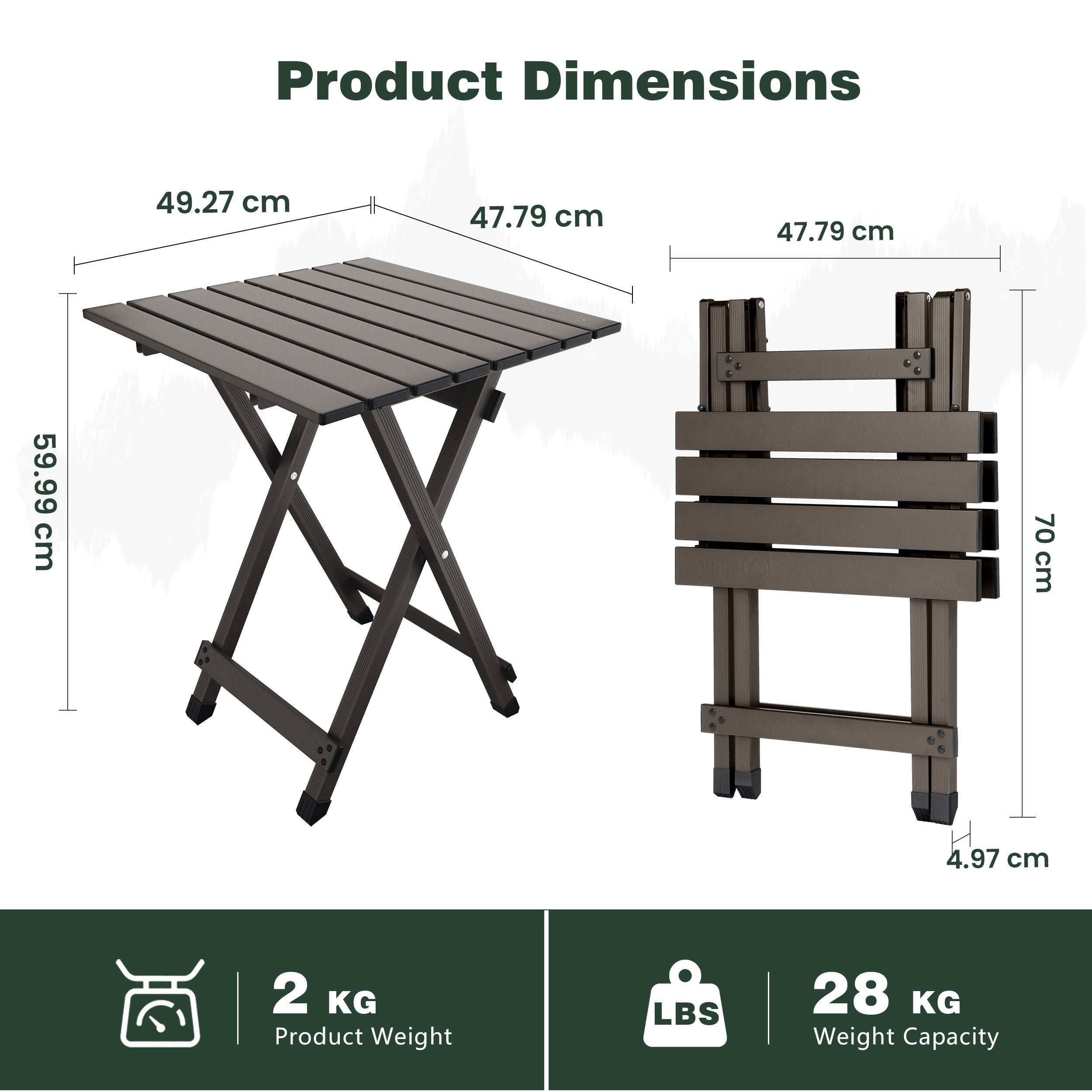 Dimensions and weight capacity of a folding table and stool set.