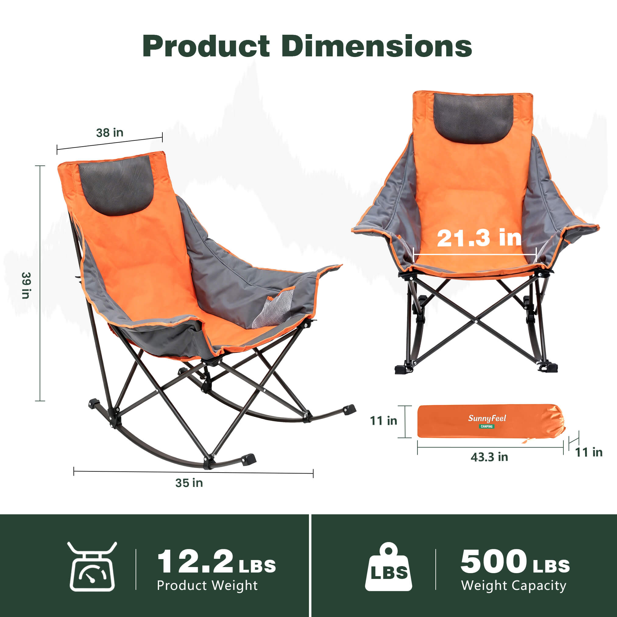 Orange and gray folding chair with dimensions and weight capacity displayed.