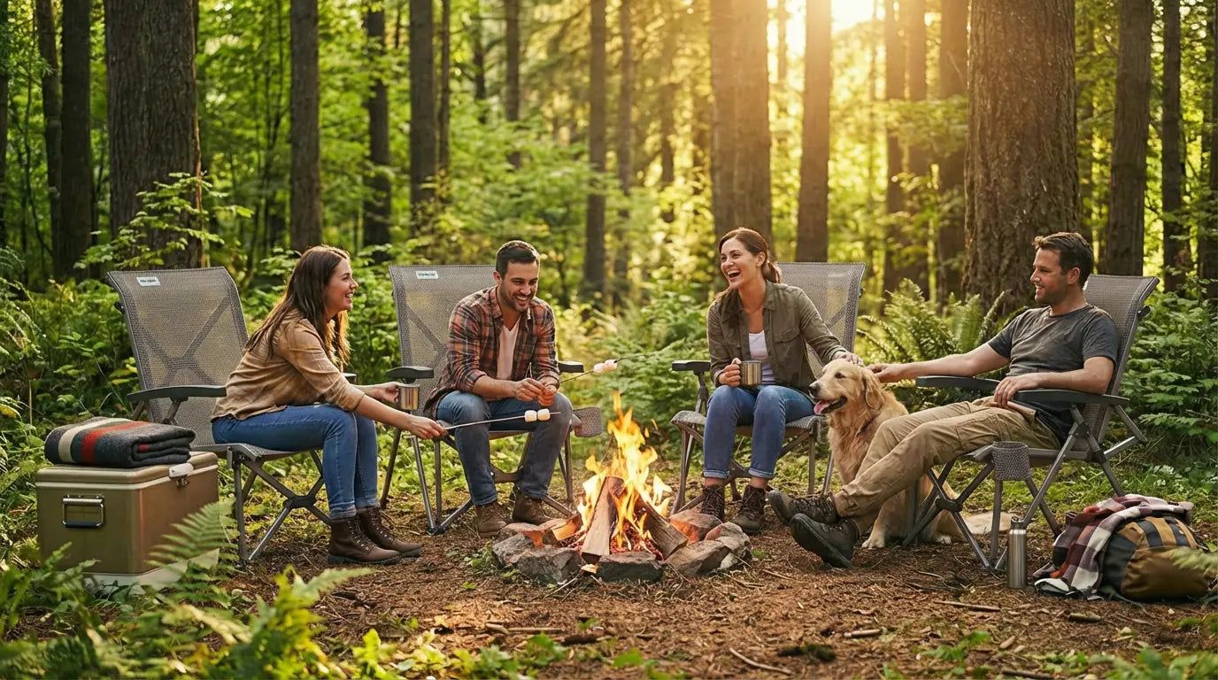 Group of people sitting around a campfire in a forest, enjoying a camping trip.