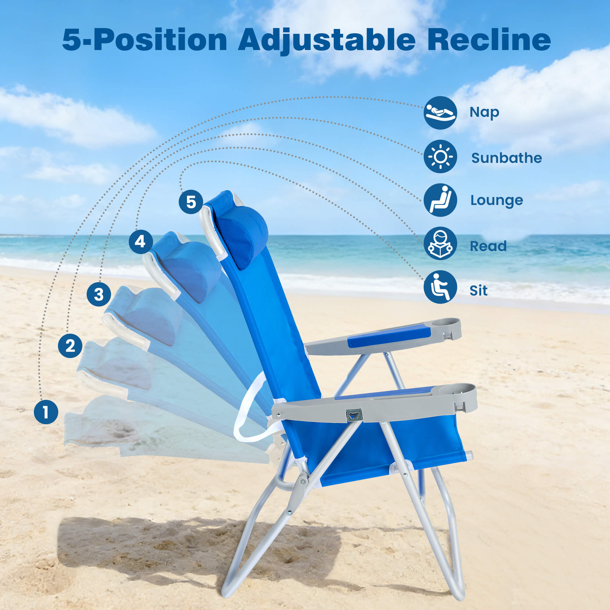 Blue adjustable recline beach chair on a sandy beach with ocean view