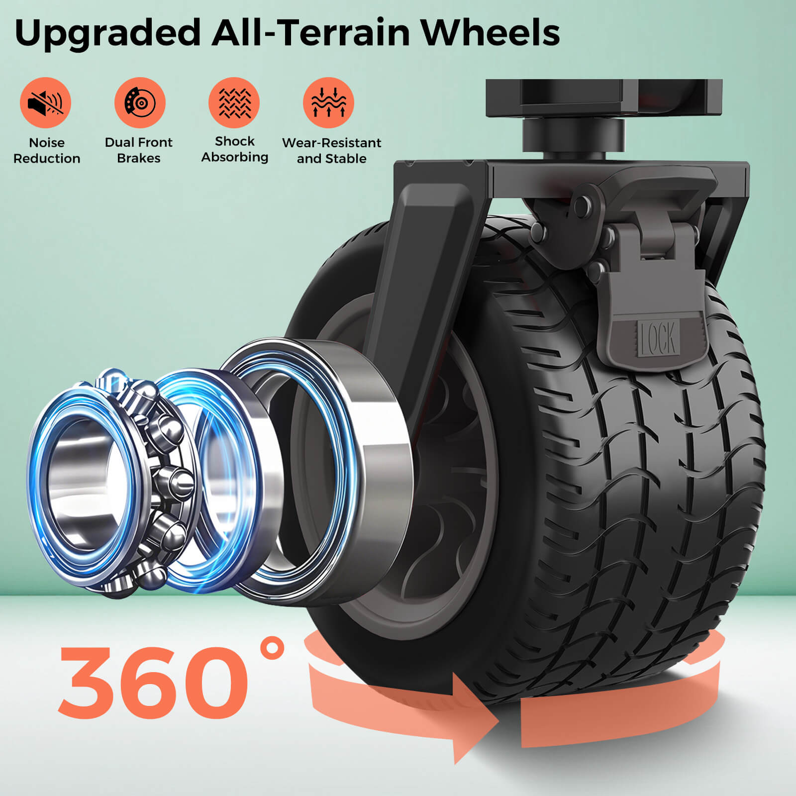 All-terrain wheel with bearings and features on a light green background