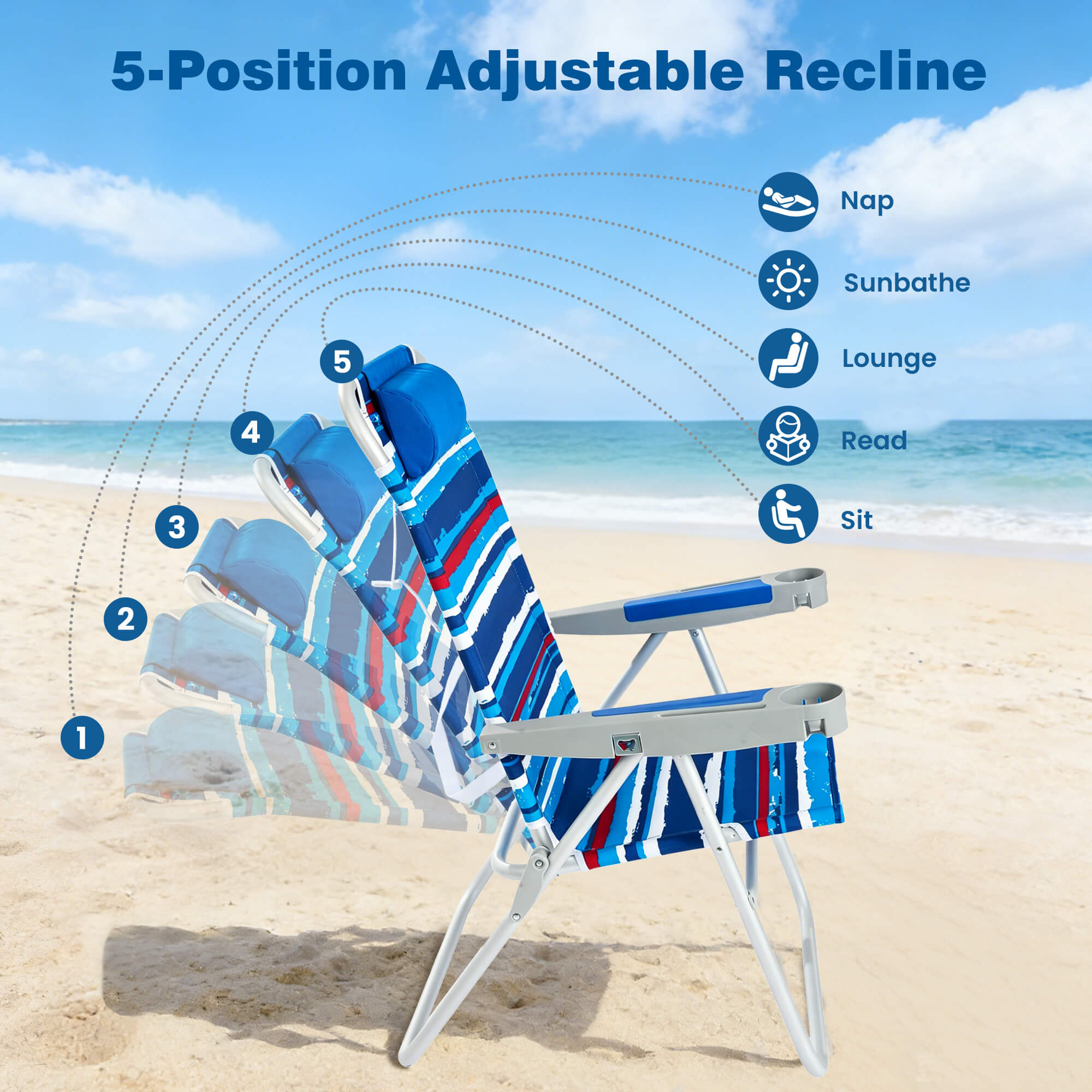 Beach chair with 5-position adjustable recline on a sandy beach with ocean view