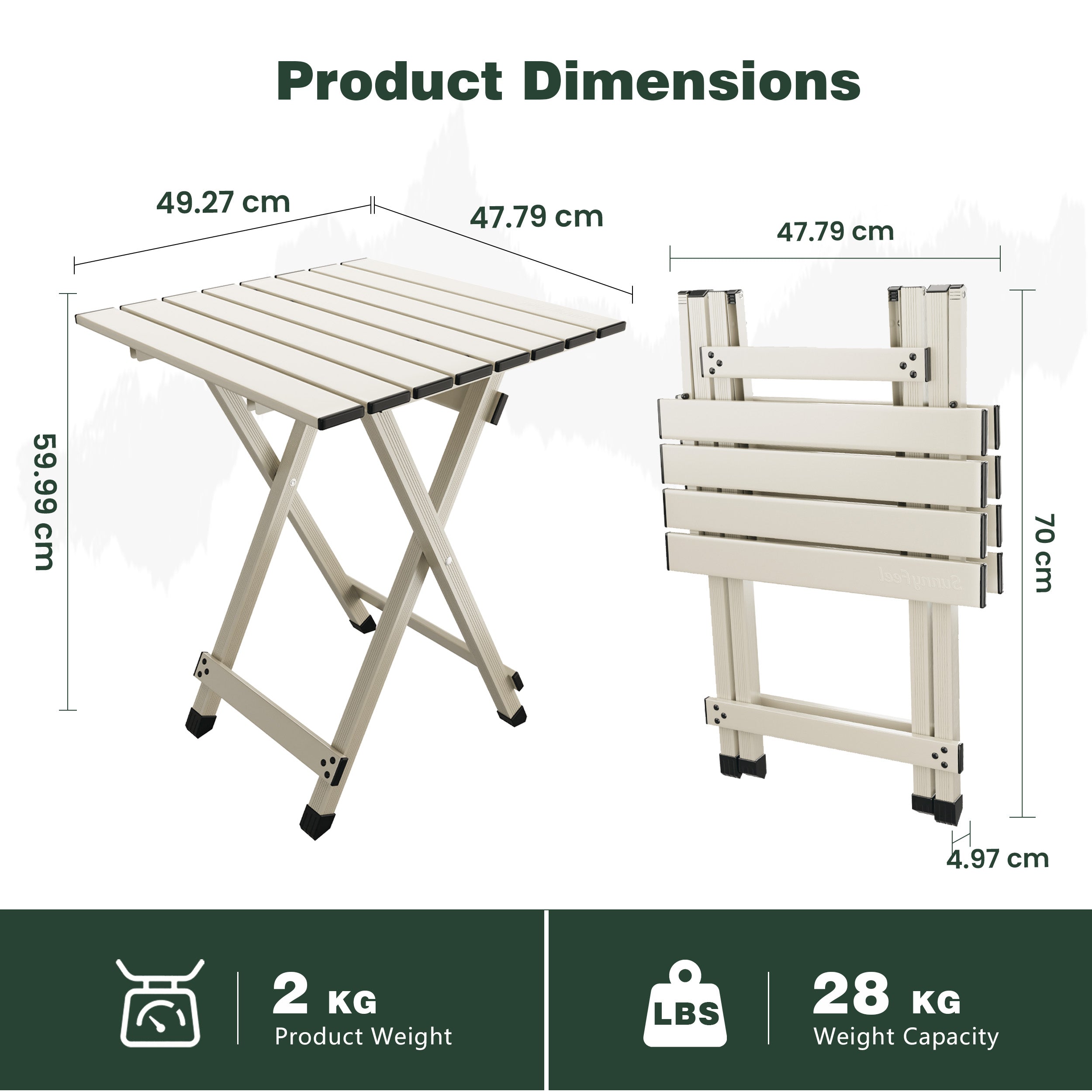 Dimensions of a folding table and chair set with weight and capacity information.