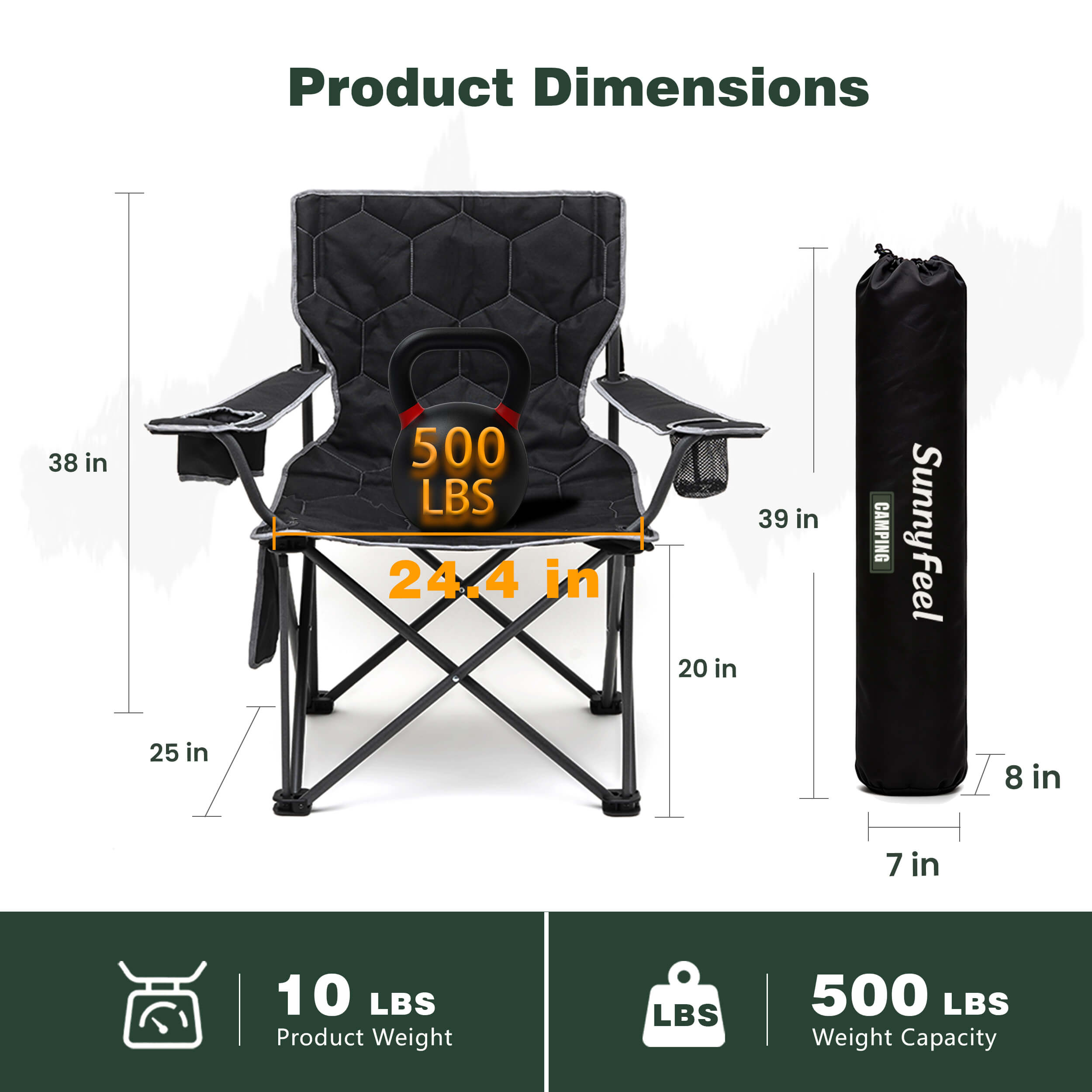 Folding chair with dimensions and weight capacity displayed, including a carrying bag.