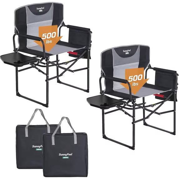 Sunnyfeel Extra Wide Director's Chair with Side Table, 500 lb Capacity, Folding, Black, 2 Pack