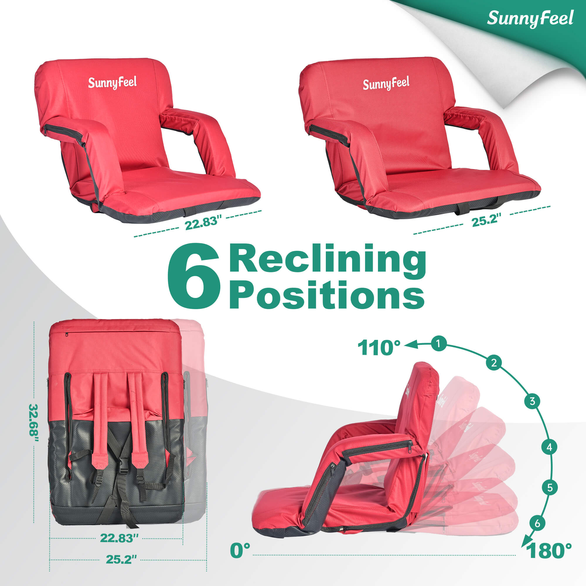 Red SunnyFeel reclining seat with multiple angles and measurements displayed.