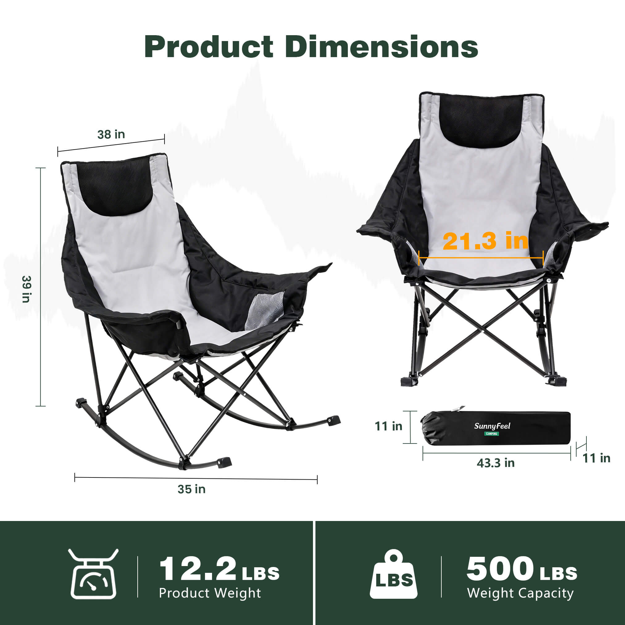 Folding chair with dimensions and weight capacity displayed