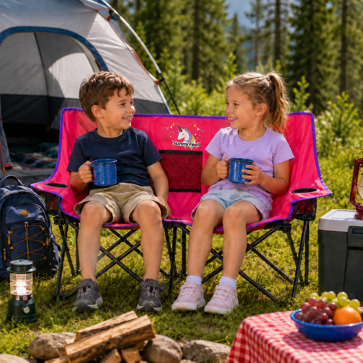Pink SUNNYFEEL kids 2-seat folding camping chair with cup holders, two children sitting