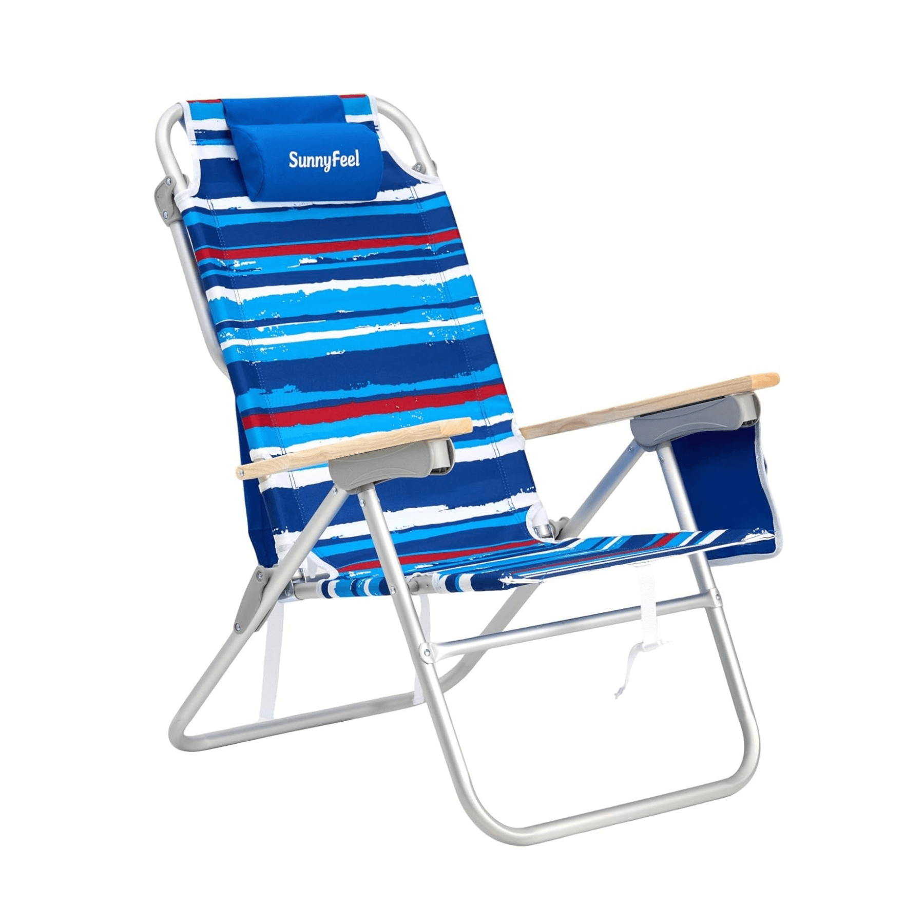 Blue and red striped beach chair with a pillow on a white background