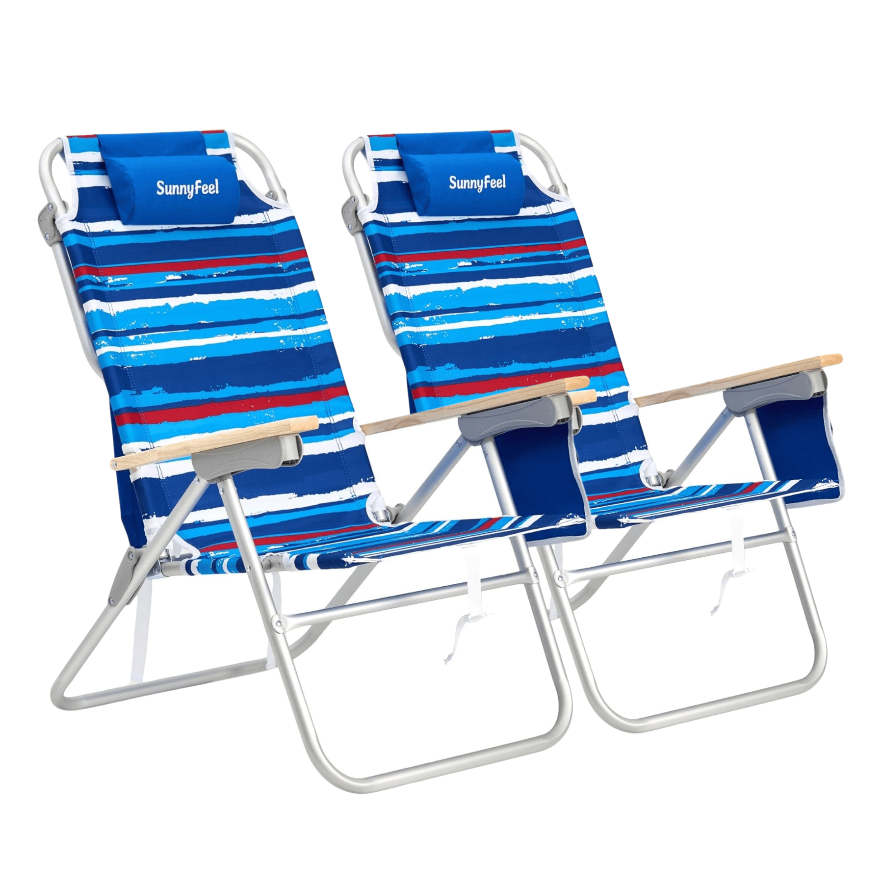 Two blue striped beach chairs with 'SunnyFeel' branding on a white background