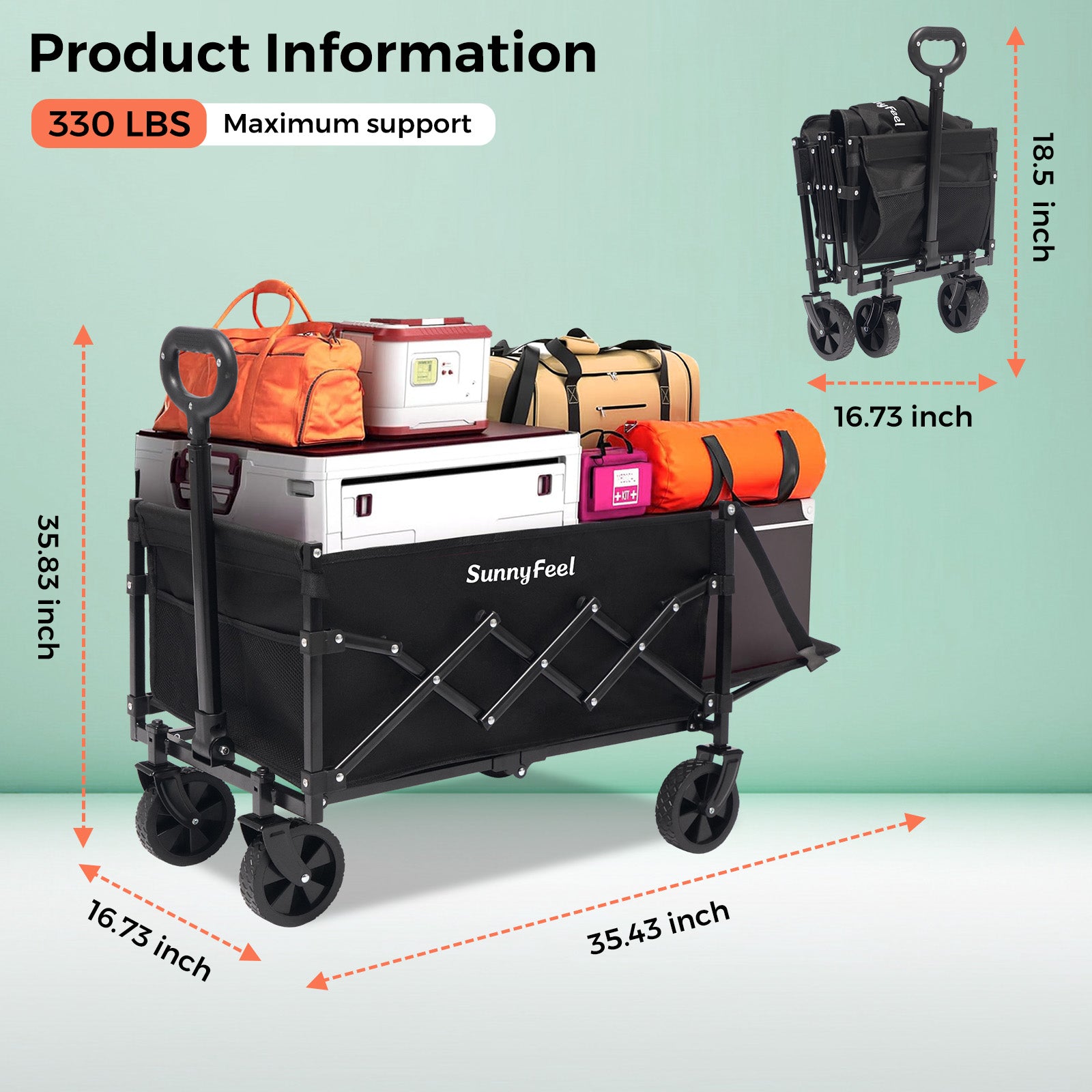 SUNNYFEEL Extra-Long 49” Foldable Utility Wagon – Heavy-Duty 550lb Collapsible Cart with Big Wheels