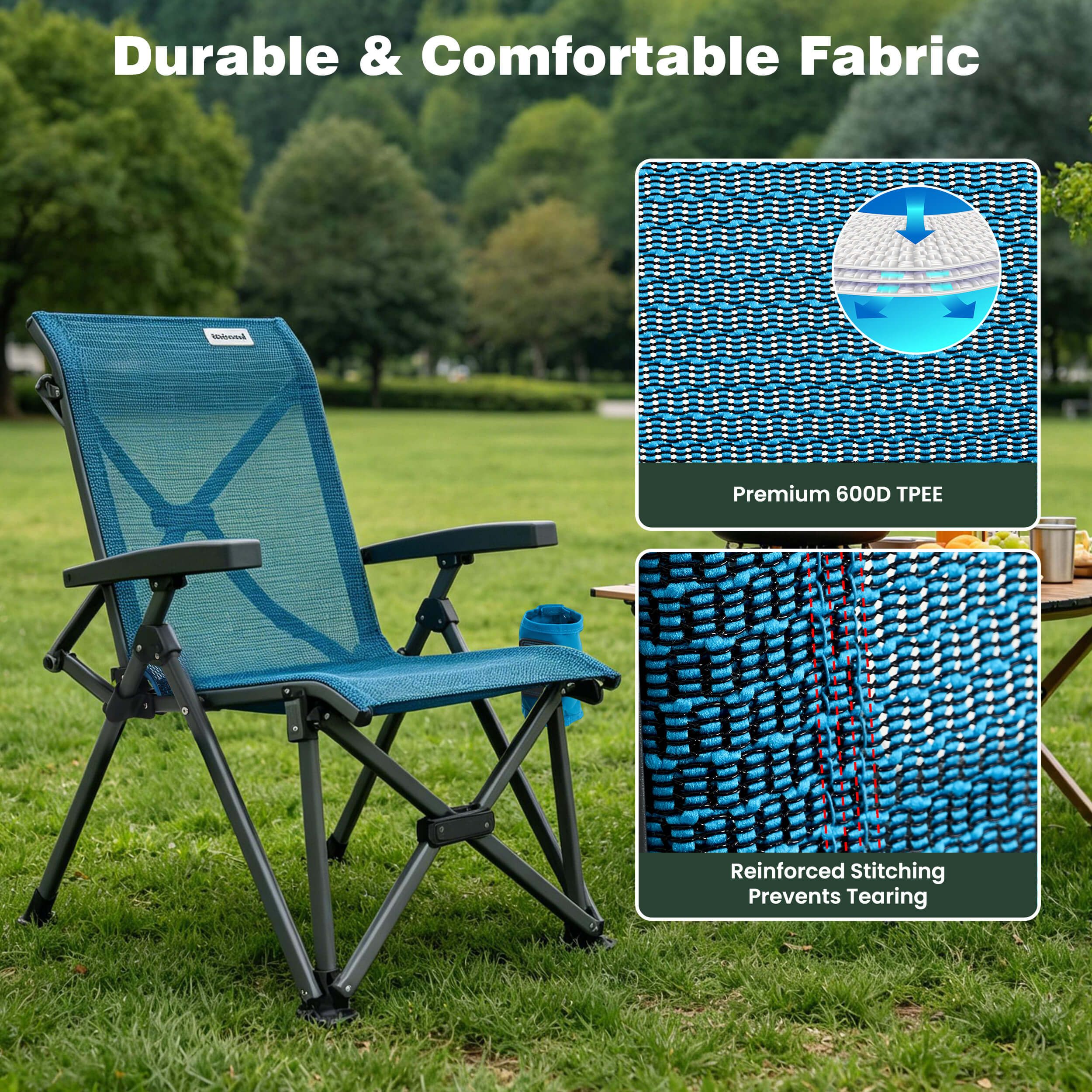 Blue camping chair with durable fabric details on a grassy background
