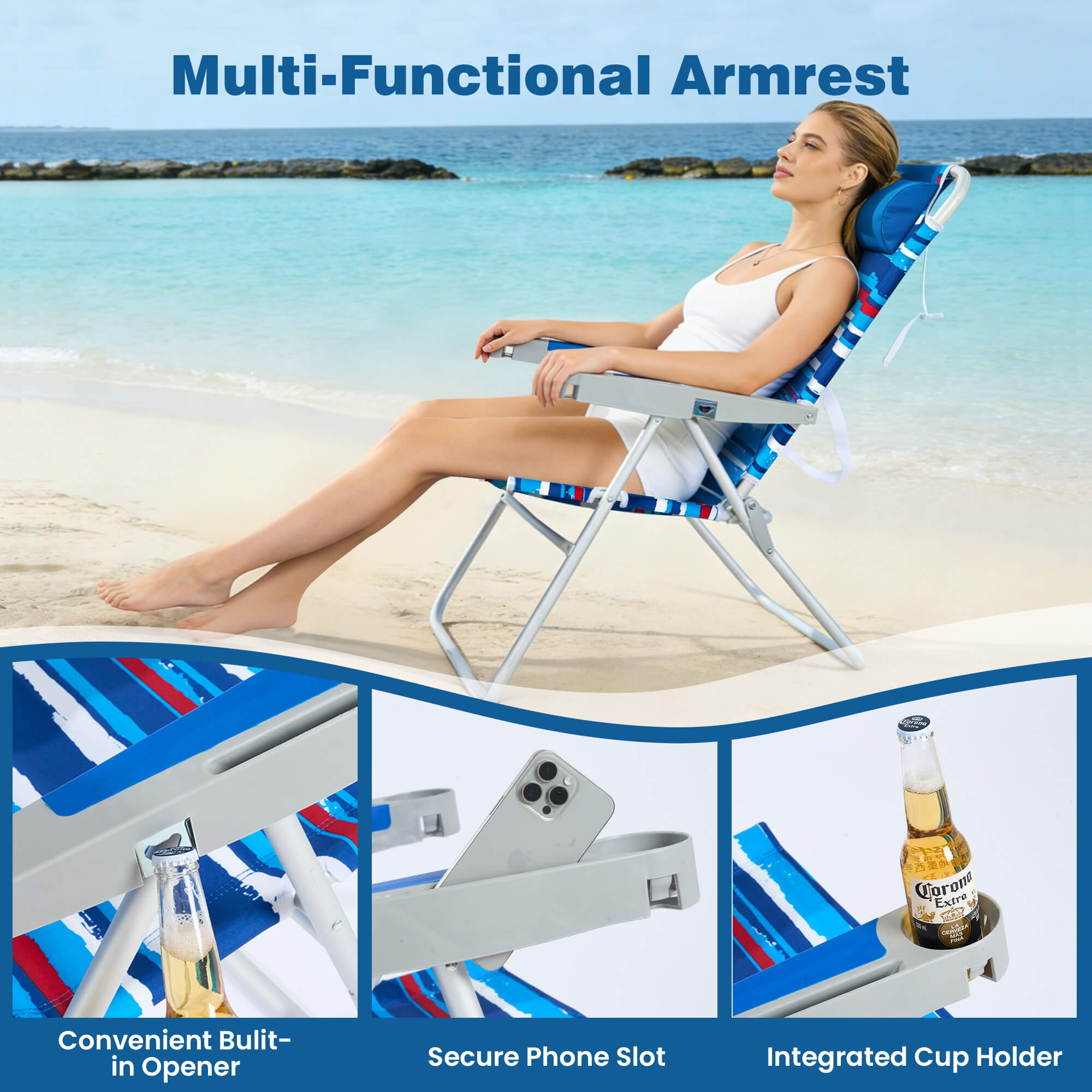 Woman relaxing on a beach chair with multi-functional armrest features, including an opener, phone slot, and cup holder.