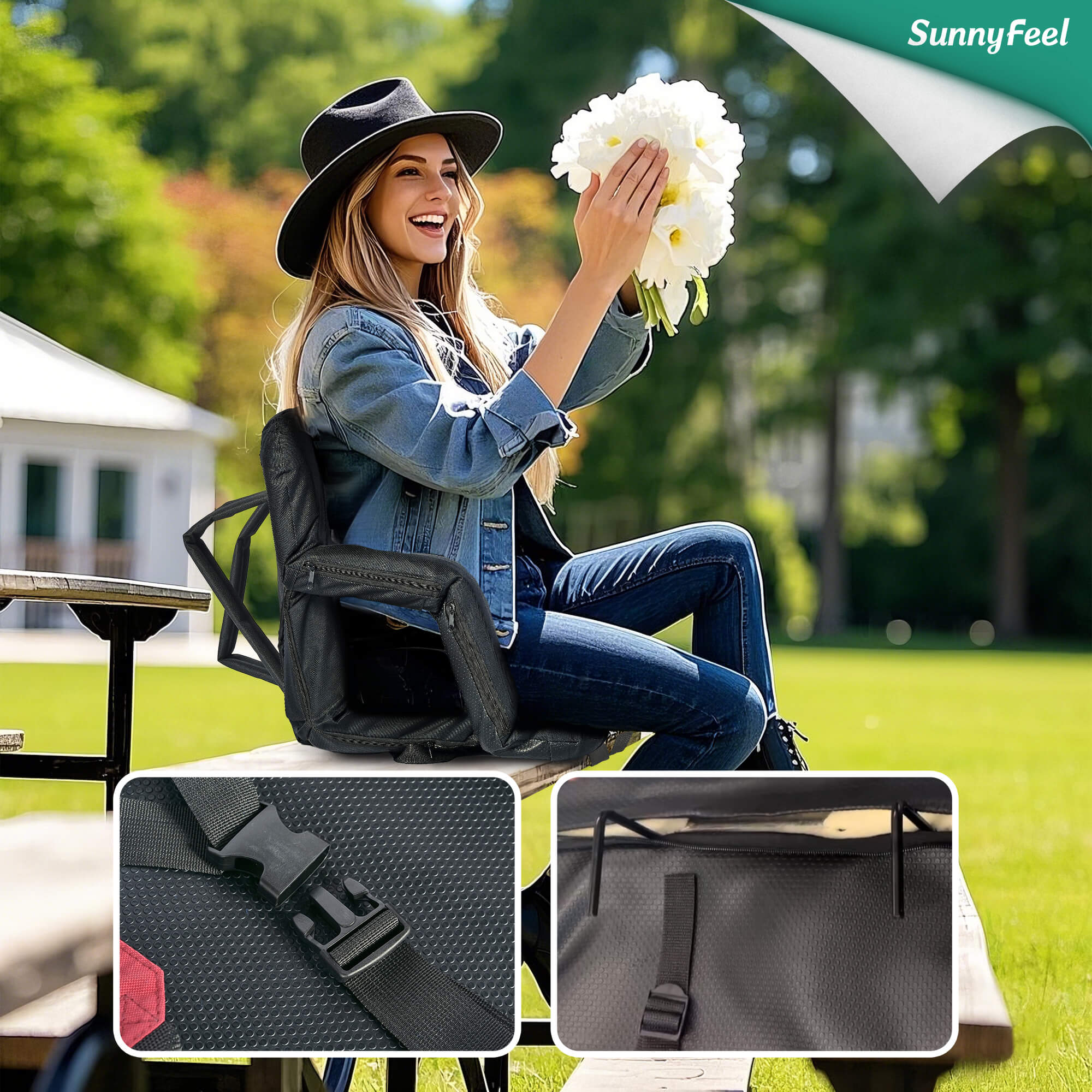 Woman sitting outdoors with a black backpack, holding flowers, and SunnyFeel branding.