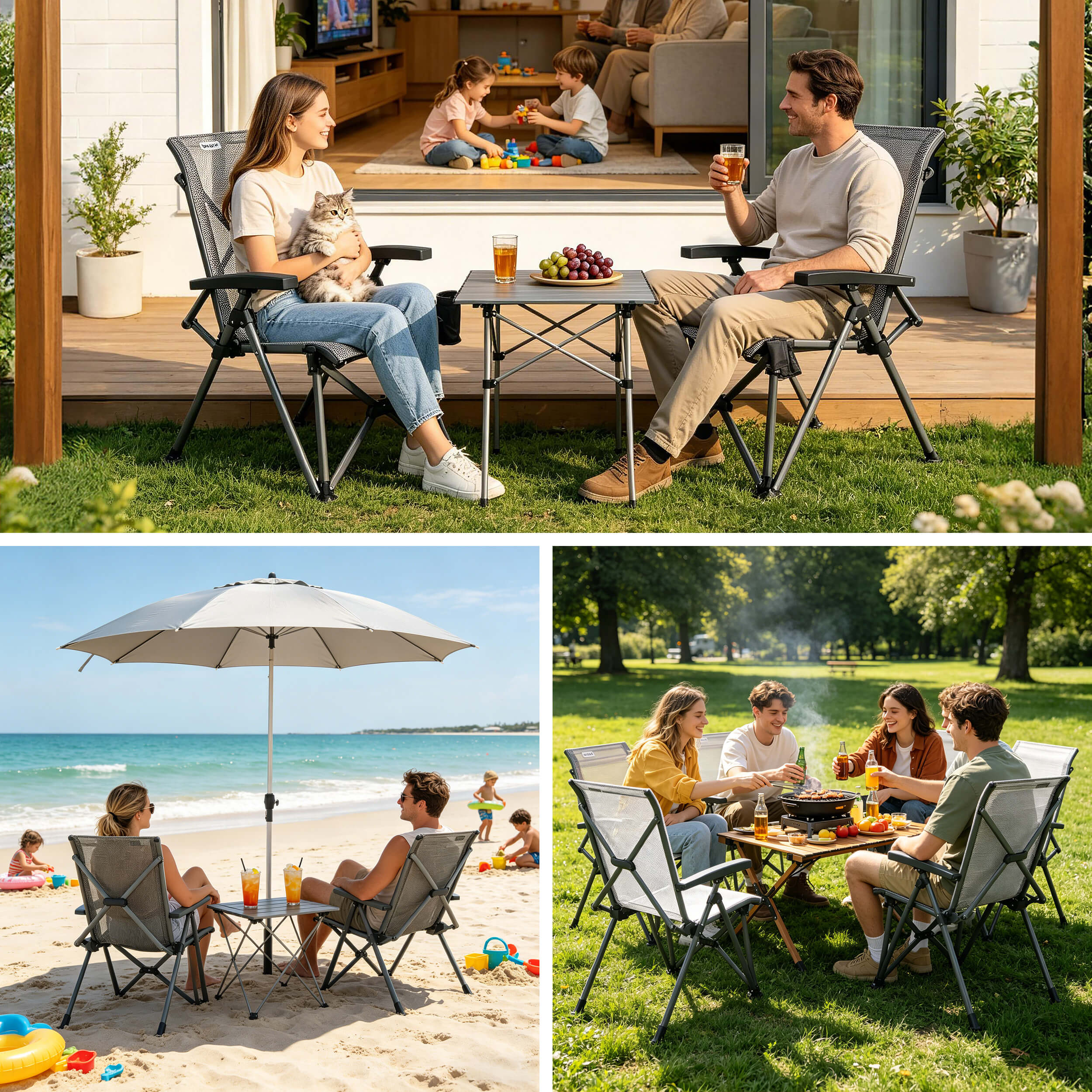 Collage of people using outdoor chairs and tables in various settings.